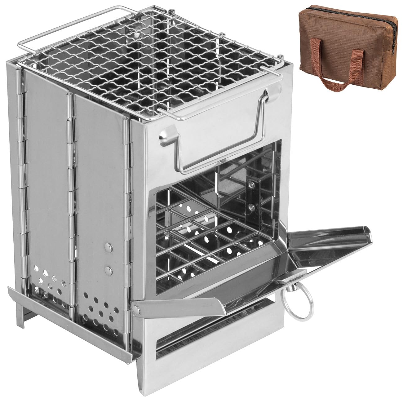 PEARL Campingofen: Camping-Holzofen aus Edelstahl, faltbar, inklusive Transporttasche (Campingofen Holz, Minigrill, BBQ)