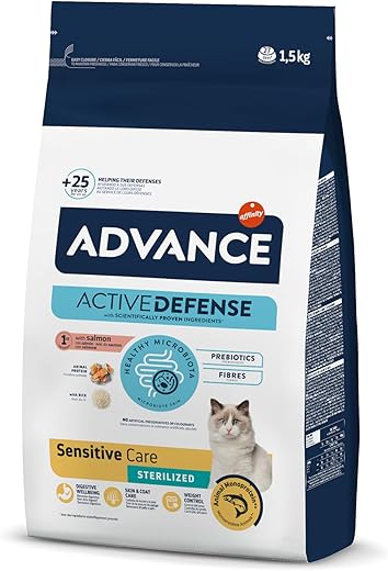 Advance – Pienso para gatos adultos Advance Sterilized Sensitive salmón y cebada. 1,5 Kg