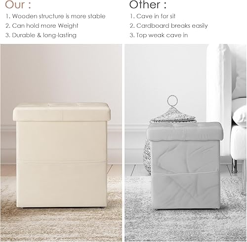 Miniatura 3 de Otomana con almacenamiento, juego de 2 reposapiés con bolsillo lateral, reposapiés otomano tapizado pequeño de 16.8 pulgadas, otomanas Crema,Negro