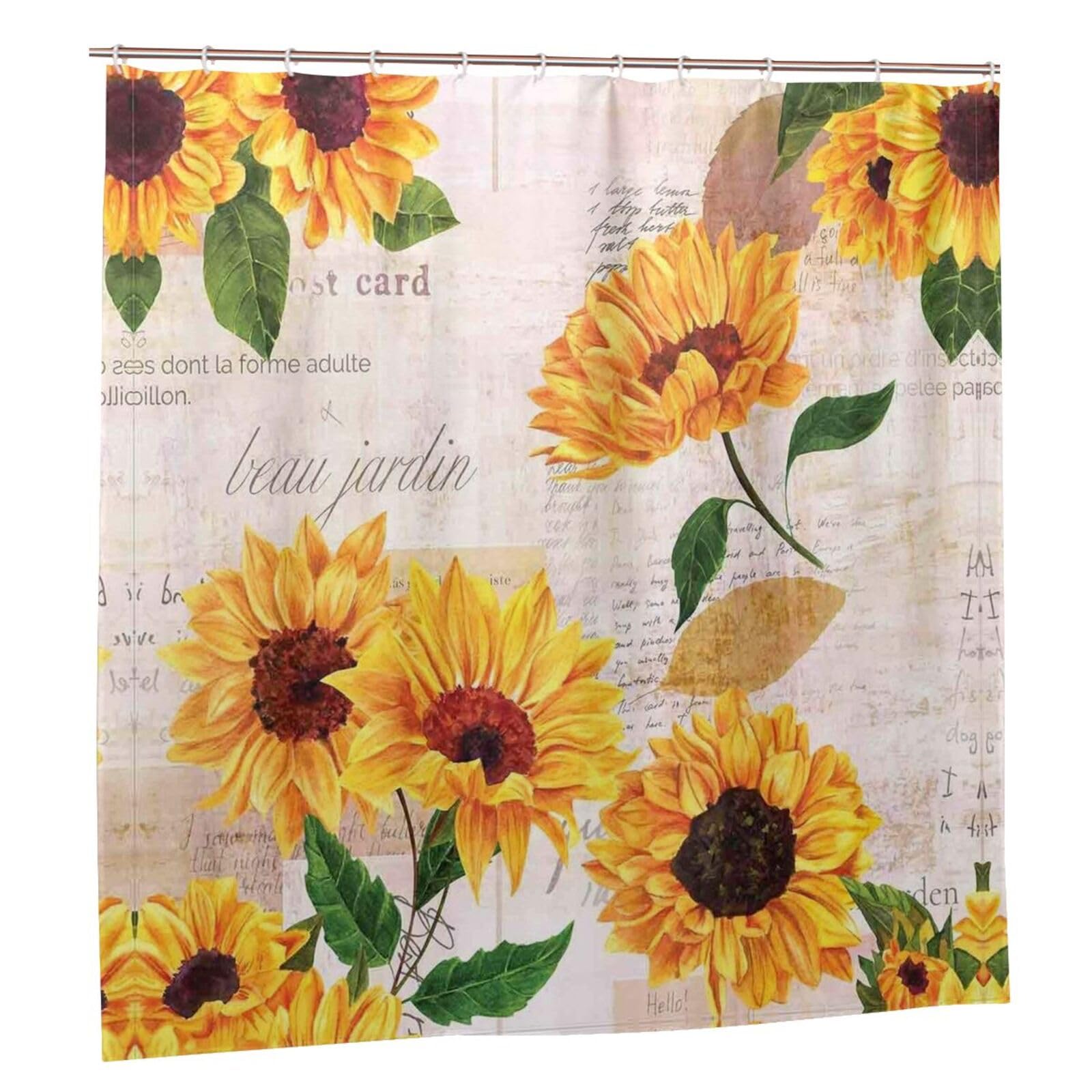 Rideau de douche imperméable haut de gamme imprimé tournesols vintage 183x183 cm