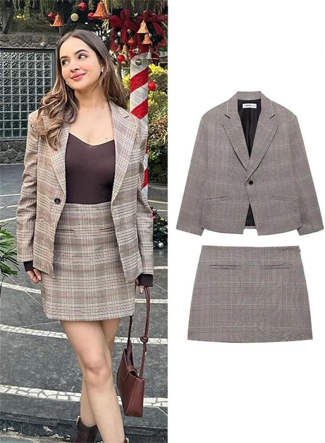 Women's Spring Plaid Lapel Long Sleeve Single Button Suit Jacket and High Waist Zipper Skirt Set