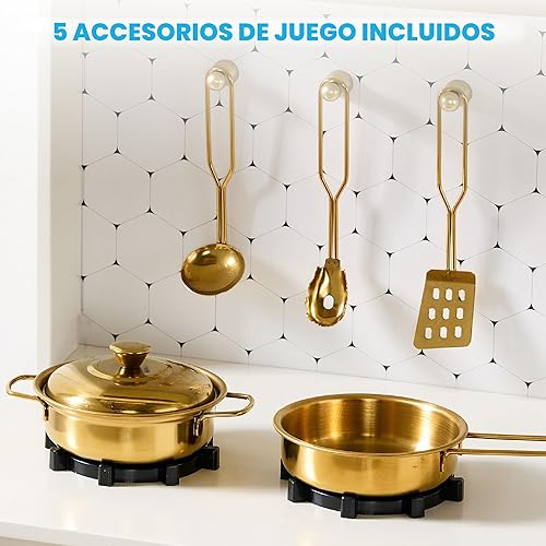 Miniatura 6 de Best Choice Products Juguete de madera para niños con almacenamiento, borde festoneado, 5 accesorios, microondas, horno, pomos de clic, color crema