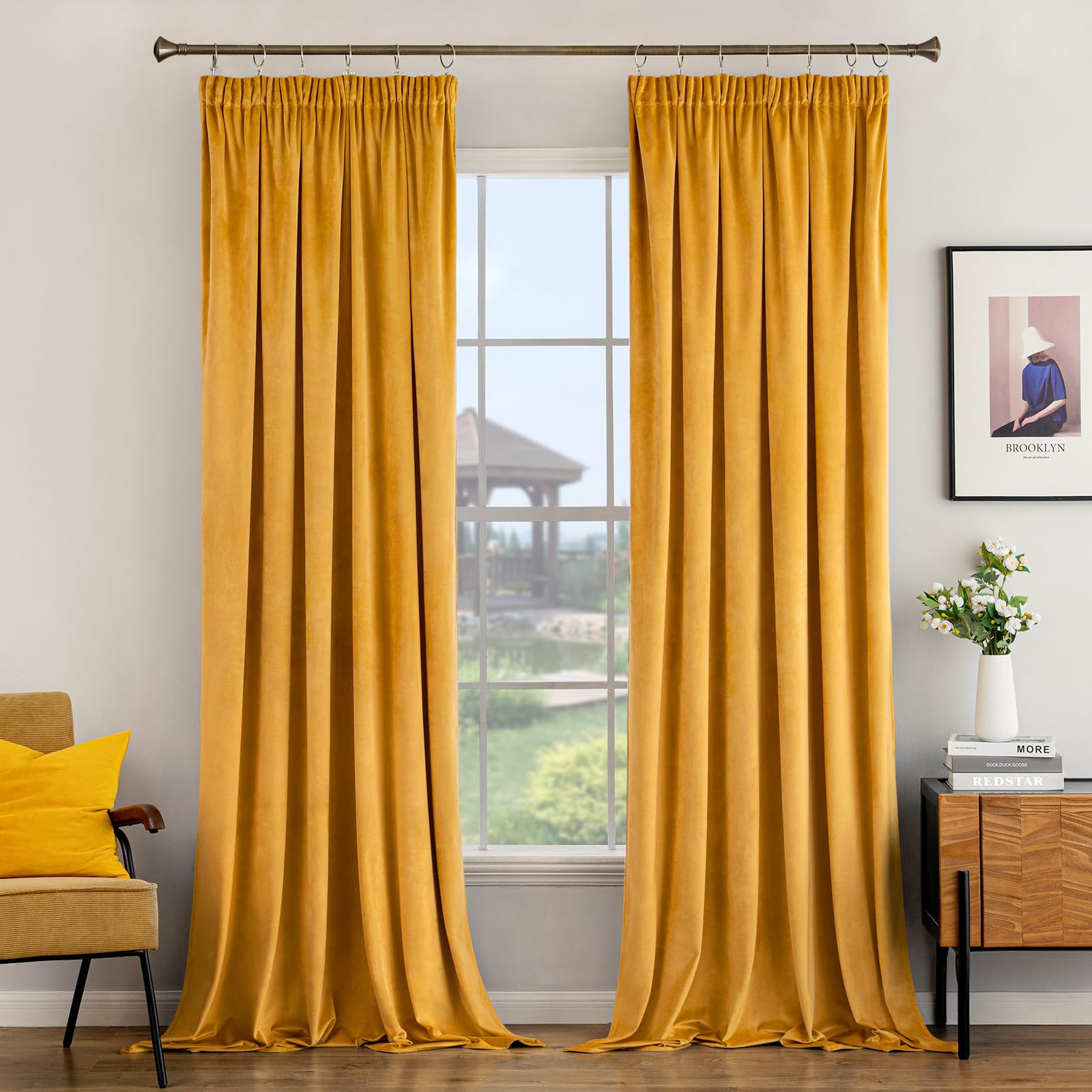 Woaboy Pencil Pleat Velvet Mustard Curtains 90x90 for Living Room Luxury Soft Drapes for Bedroom Window Treatment for Thermal Insulated & Room Darkening Mustard Yellow, 2 Panels โ image 1