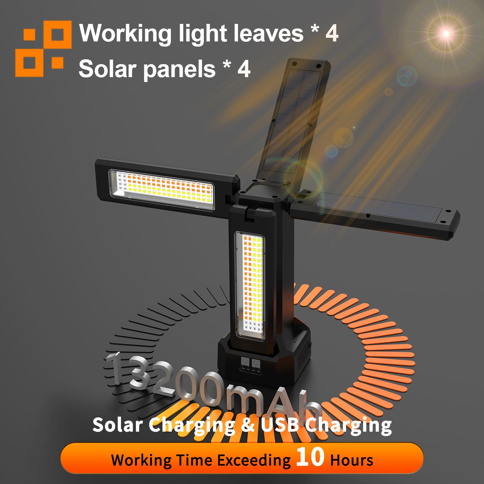 Lampada da lavoro a energia solare ricaricabile da 13200 mAh, con supporto pieghevole e borsa per il trasporto, dimmerabile continuamente, bianco/caldo/bianco naturale/rosso (SOS) con