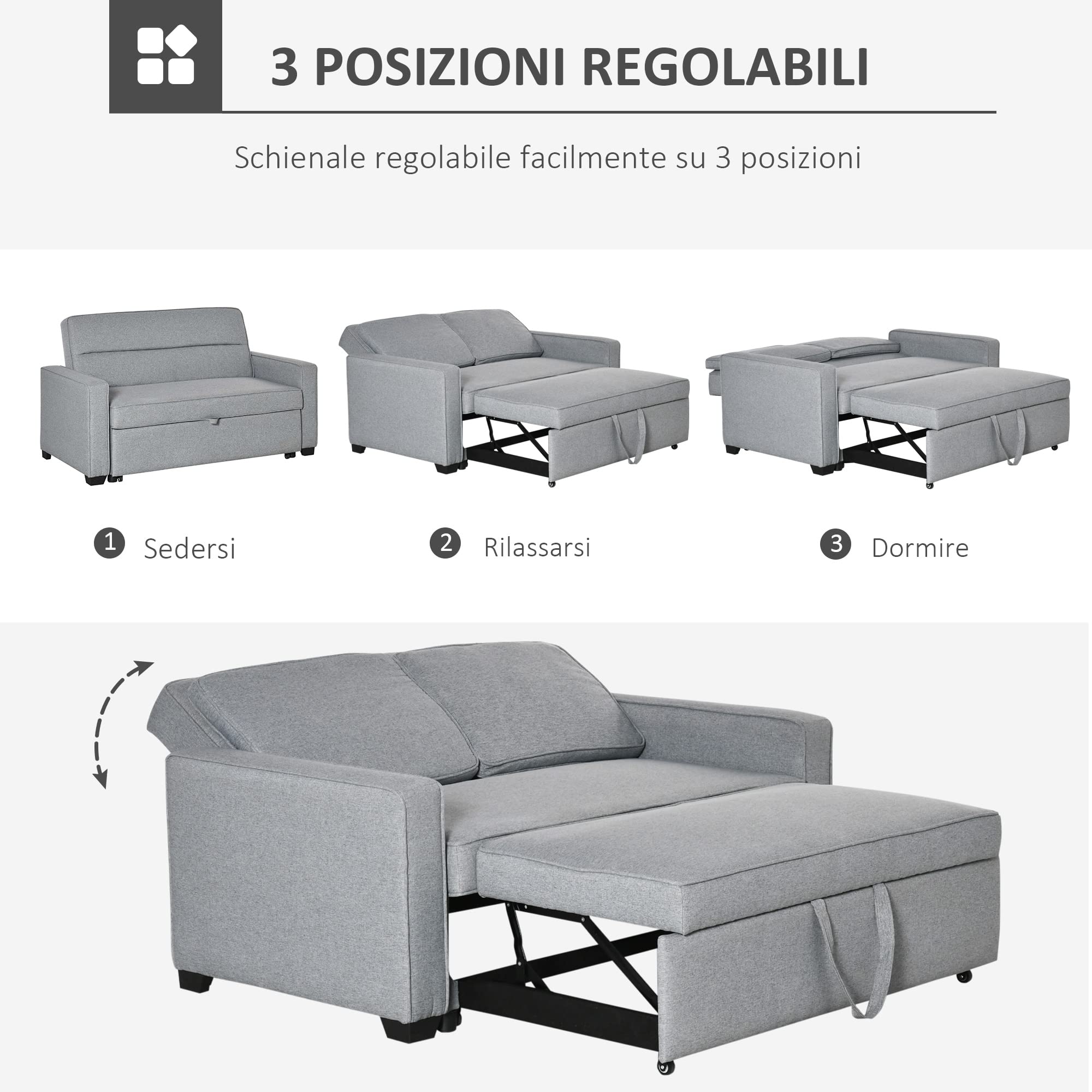 HOMCOM Divano Letto a 1 Piazza con Rivestimento in Tessuto, Divano 2 Posti con Schienale Reclinabile su 3 Livelli, Grigio
