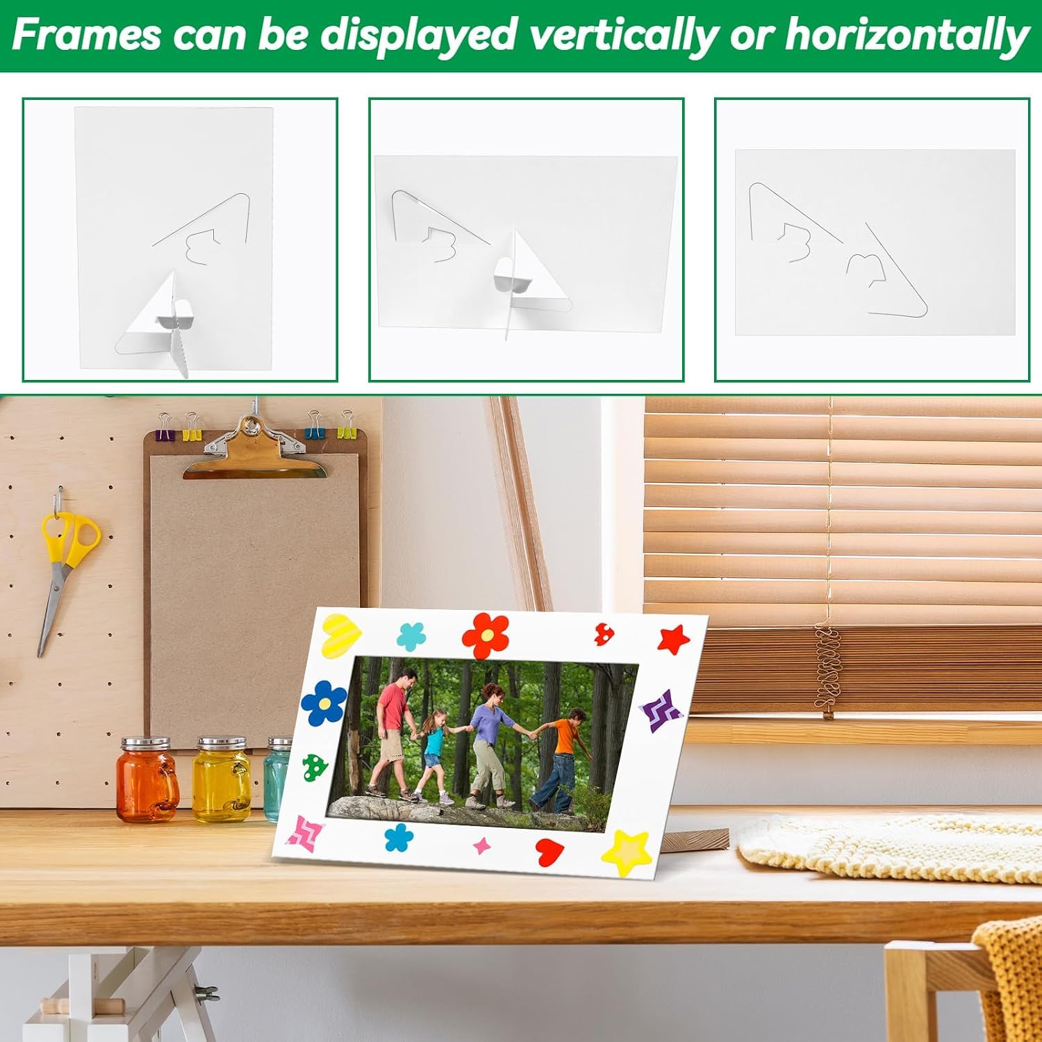 QOUBAI 150 Pcs White Paper Picture Frames 4x6 Inch Fall Thanksgiving DIY Photo Frame with 18 Stickers in 3 Types Kids Art Display Crafts Kits Cardboard Easels