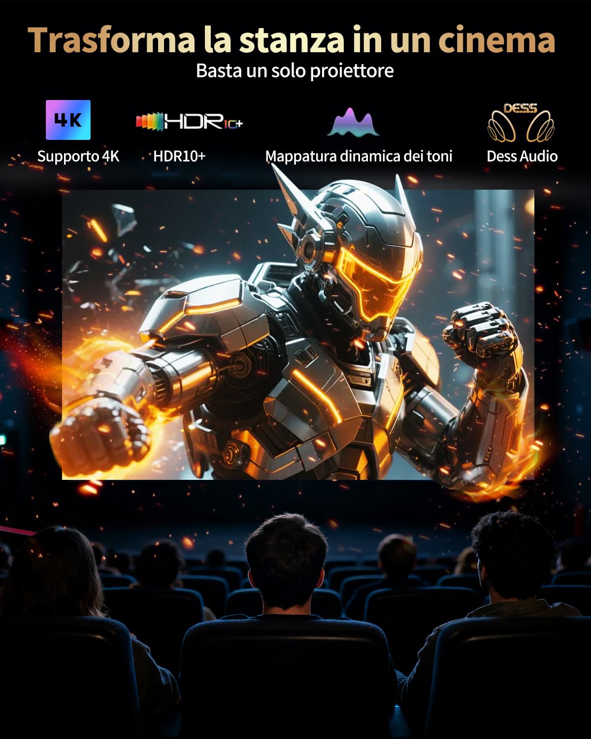 Proiettore Smart 4K, 2500 ANSI per esterni da giardino, camera e home theater. 1080P nativo con staffa elettrica nascosta, autofocus keystone, WiFi 6 Bluetooth, 300" IMAX Enhanced.