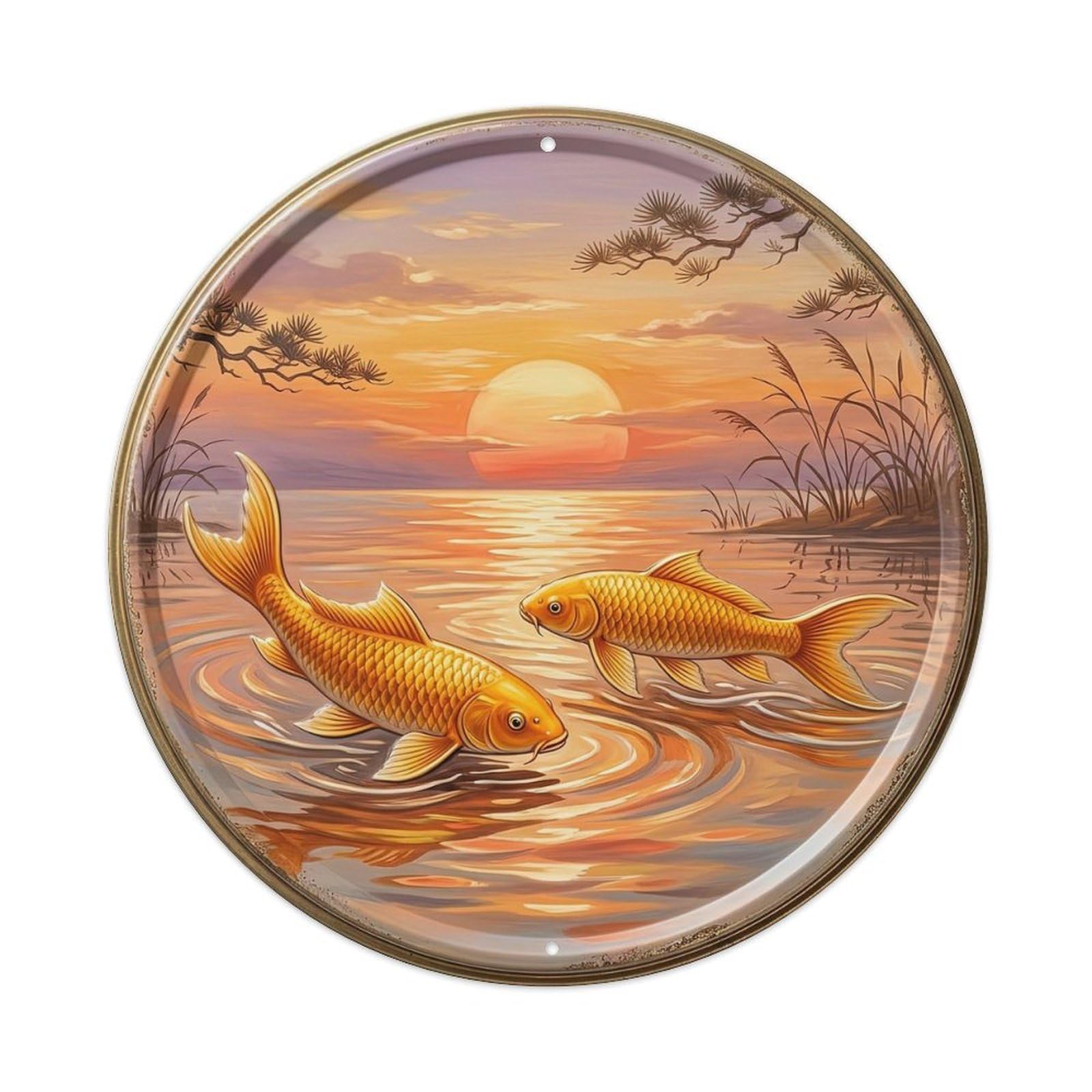 Sunset Glow Evening Swim Koi Fish 1 Metal Tin Sign Plaque Wall Decor for Cafe, Club, Garden Round Metal Poster 8x8Inch