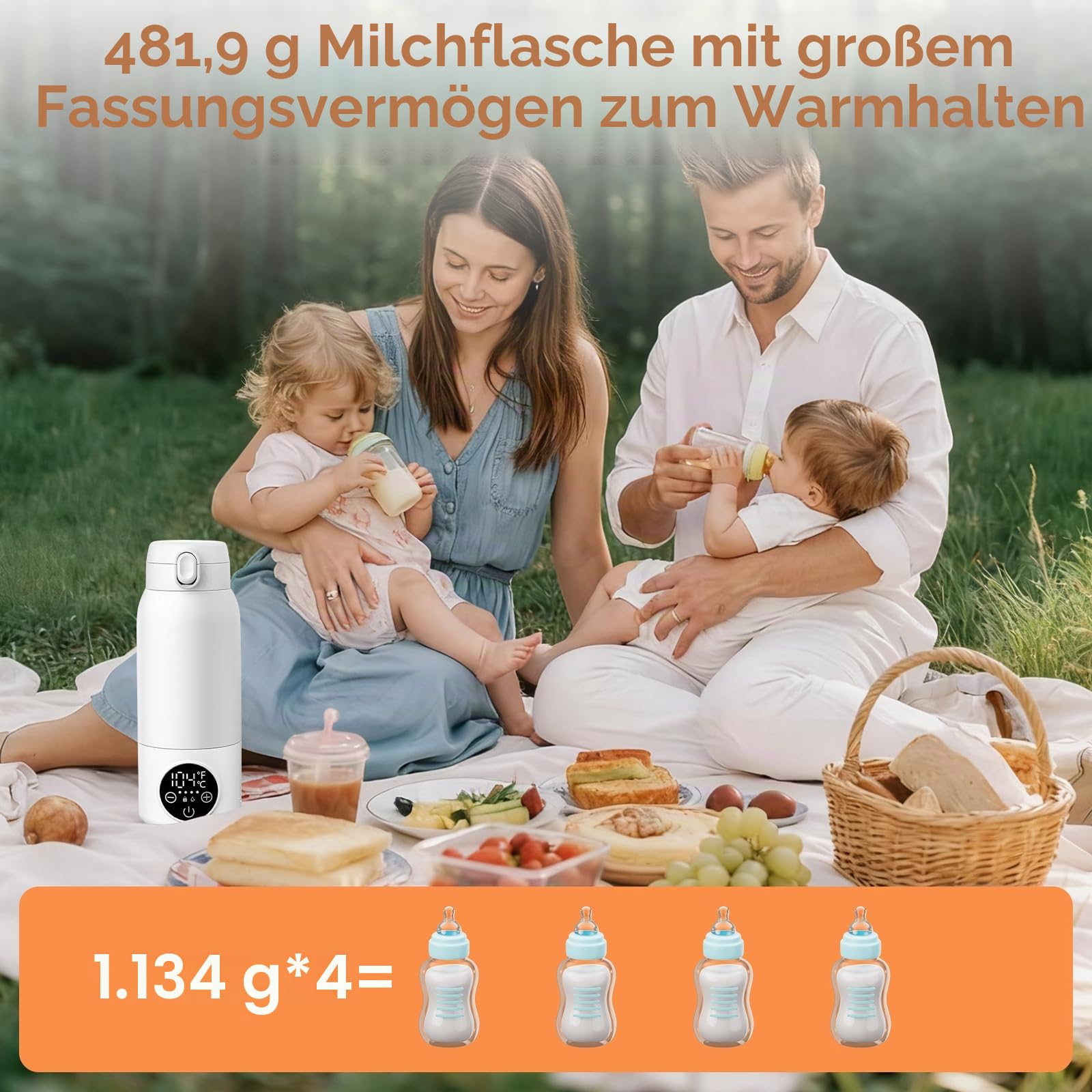 Tragbarer Flaschenwärmer Baby für Unterwegs, Zwei Heizmodi für Muttermilch und Wasser, Schnelles Aufheizen und Lange Akkulaufzeit, 500ml Kapazität, für Auto-und Flugzeugreisen