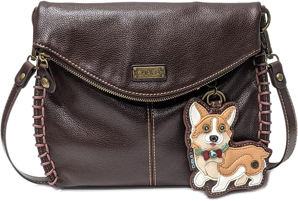 Chala Charming Crossbody Bag Shoulder Handbag With Flap Top and Zipper Black (Dark Brown_ Pembroke Corgi)
