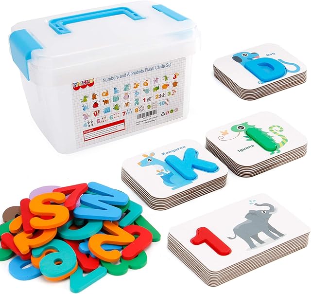 Alphabet and Number Flash Cards , Learning Flashcards for 3 Year Old Boys and Girls , Preschool Puzzle for Kids , Learning ABC Flash Cards with Animals , 36 Cards and 37 Wooden Blocks for Toddlers