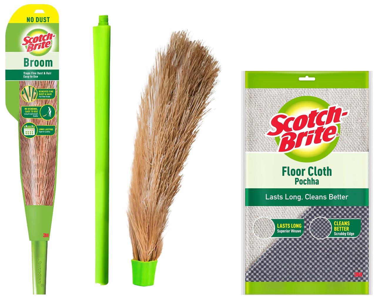Scotch-Brite No-Dust Broom, Long Handle, Easy Floor Cleaning (Multi-use) and Cotton Floor Cloth (Green)-image-2