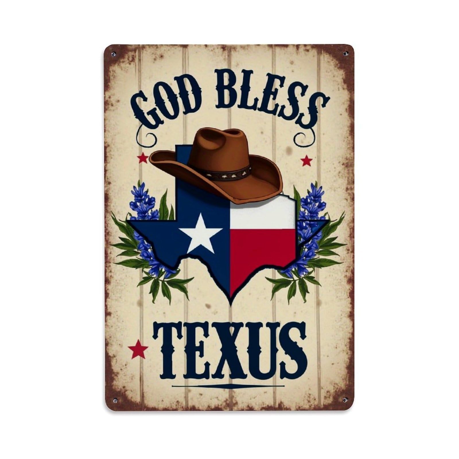 Jdfenggu Vintage God Bless Texas Cowboy Hat Retro Metal Tin Sign, Metal Poster For Bar, Home, Man Cave, Kitchen, Laundry Room Art Decor 8X12 Inch