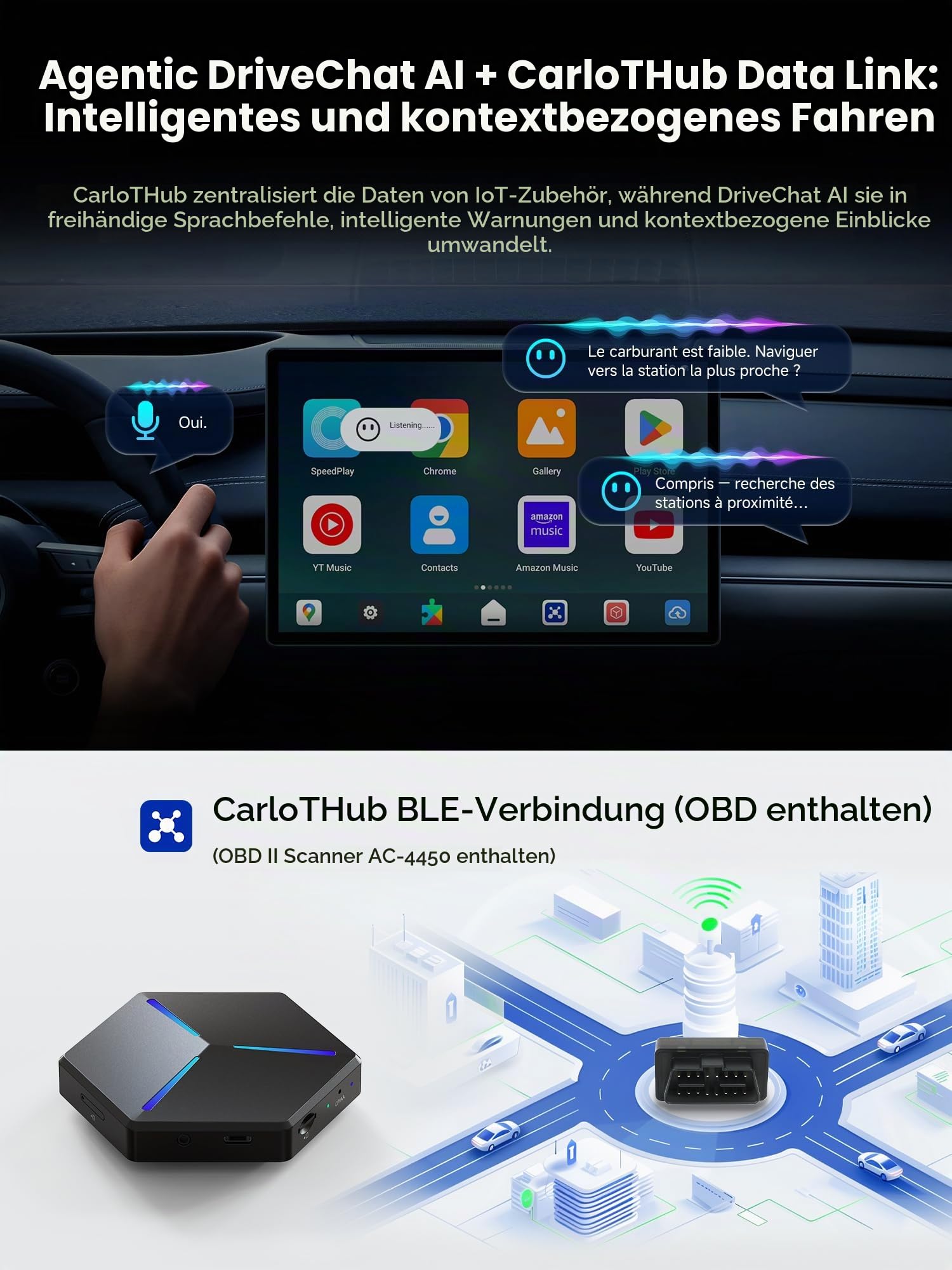 AI Box 8G+128G Android 13 Wireless CarPlay/Android Auto Adapter, HDMI, 4G LTE. Set mit AC-HD21F 1080P DVR Kamera & AC-4450 OBDII Scanner. QCM6125, DriveChat AI, ScenePilot 2.0, CB7PO