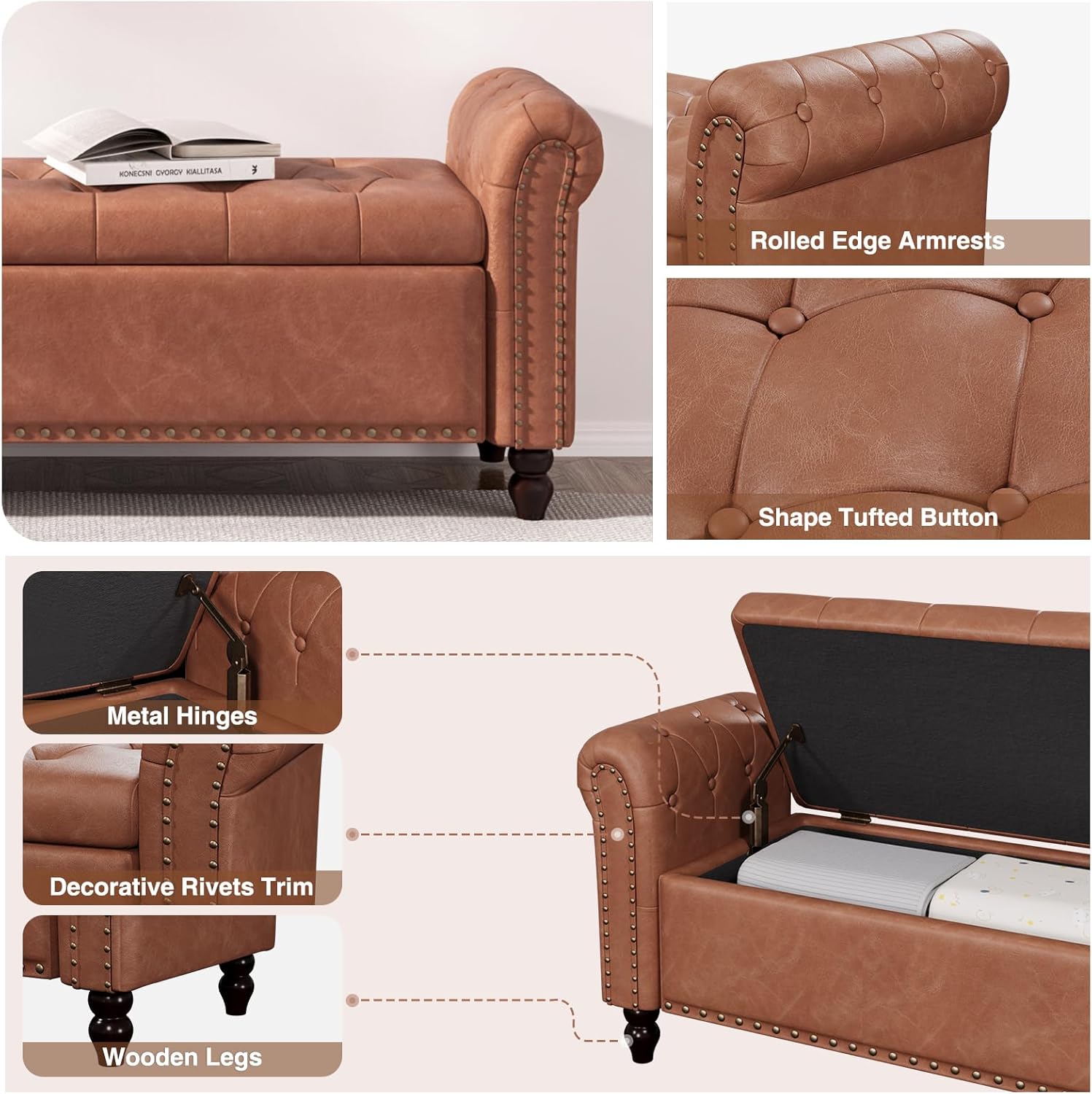 Multiple uses of the storage bench shown in different room settings: as a window bench, entryway bench, ottoman coffee table, and living room bench.