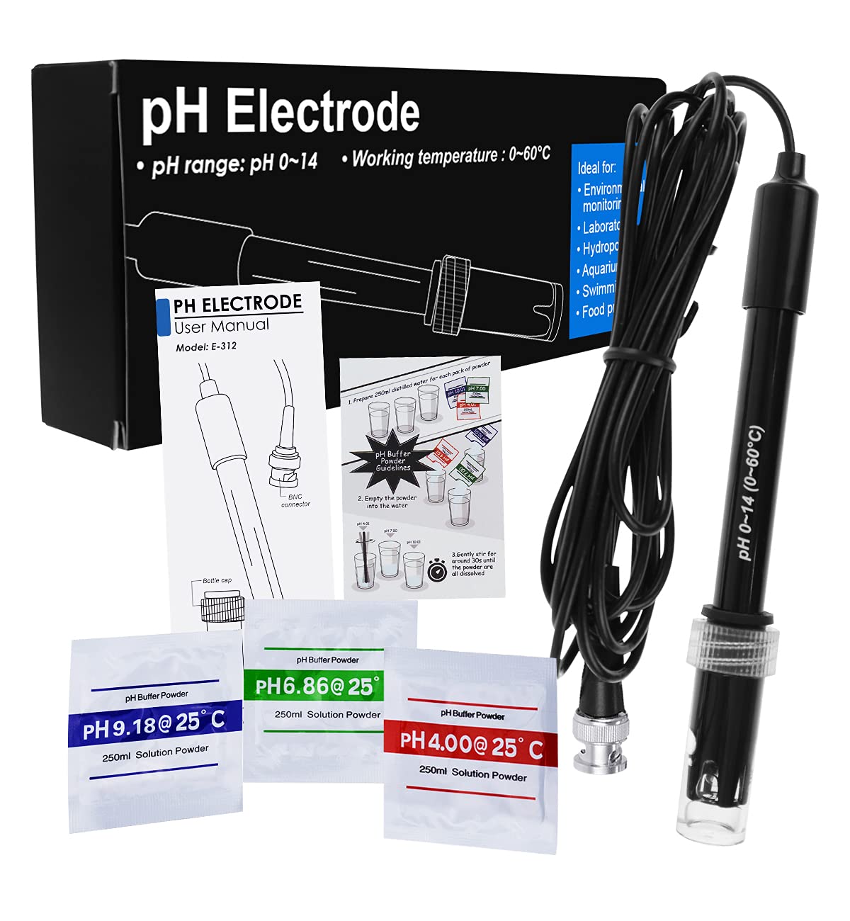 GAIN EXPRESS - Câble de 300 cm - Électrode pH avec poudre d'étalonnage - Sonde pH remplaçable 0-14 avec connecteur BNC - Pour Laboratoire, Hydroponie, Aquarium, Piscine et Transformation des Aliments