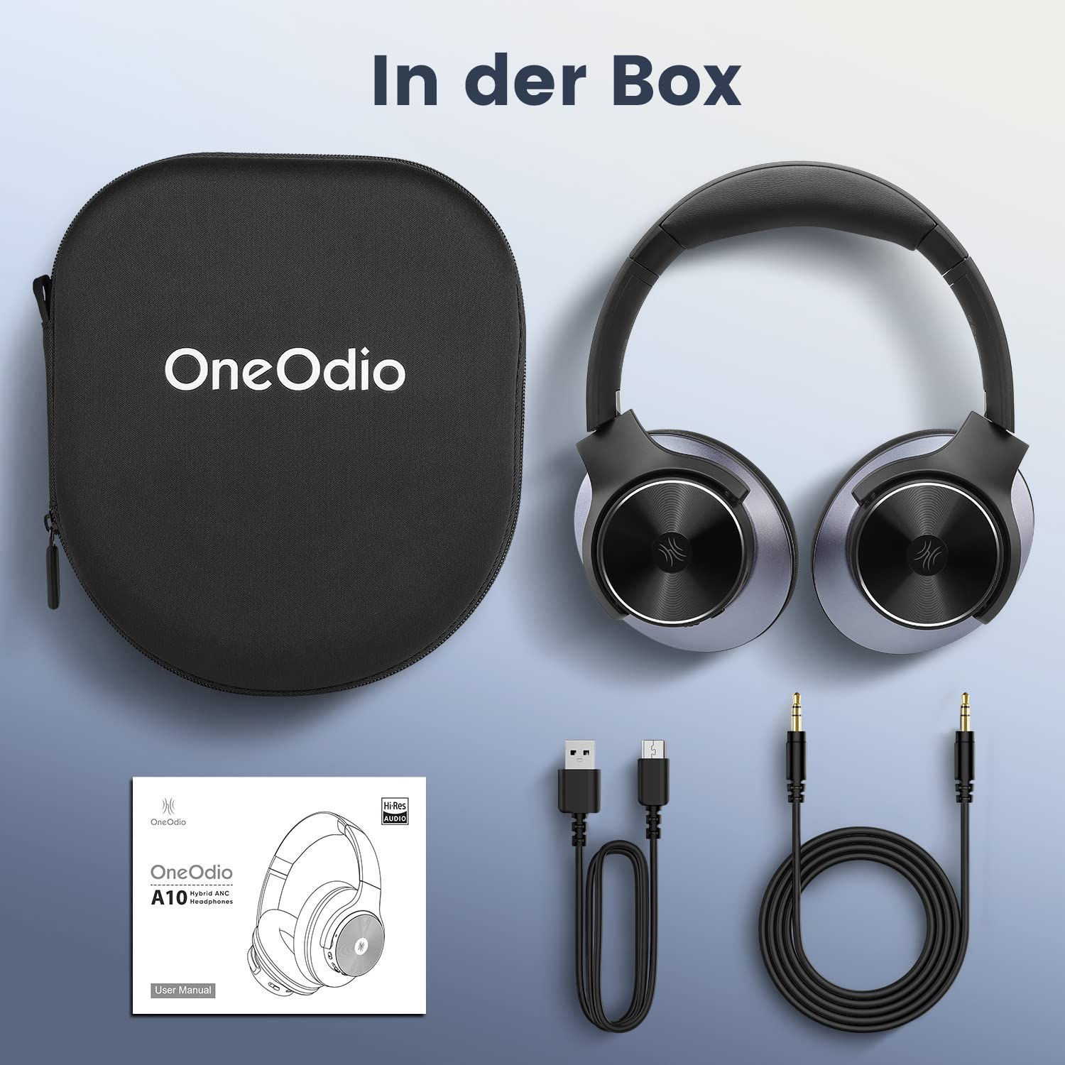 OneOdio A10 Bluetooth Kopfhörer Over Ear mit Hybrid Active Noise Cancelling [Bis zu 62 Std] Kabellos Kopfhörer im Hi-Res Audio, Tiefer Bass, Mikrofon für Reisen, Zuhause, Büro (Schwarz)