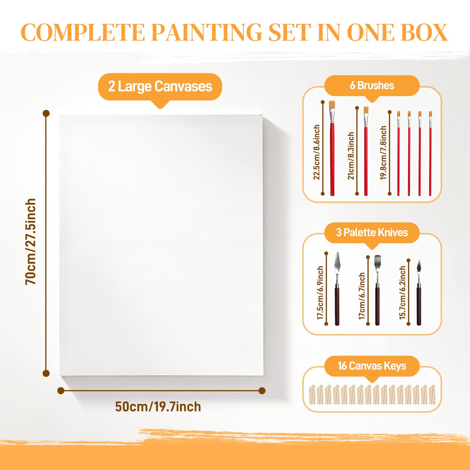 DazSpirit Set di 2 tele da dipingere, 50 x 70 cm, con telaio in cotone, con 3 primer, con 6 pennelli e 3 spatole, tela per colori acrilici e pittura a olio