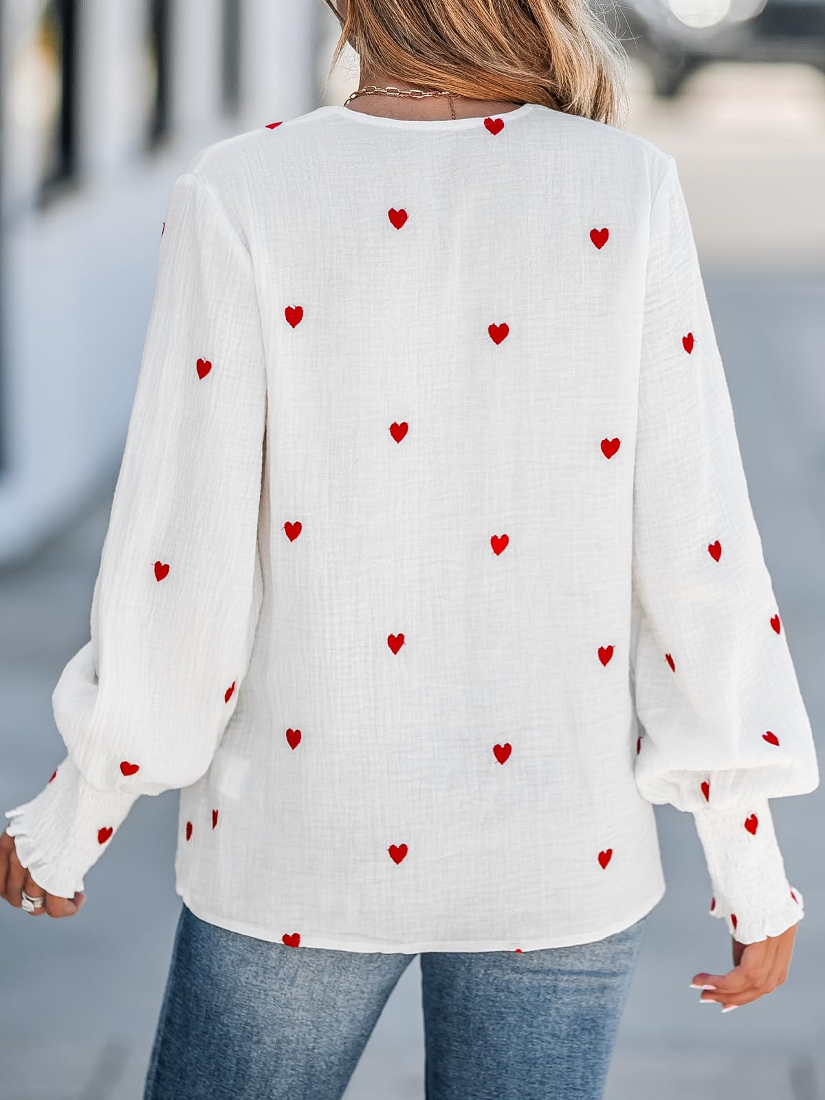 CUPSHE Bluse Damen Elegant Baumwolle Langarm V-Ausschnitt Herz-Stickerei