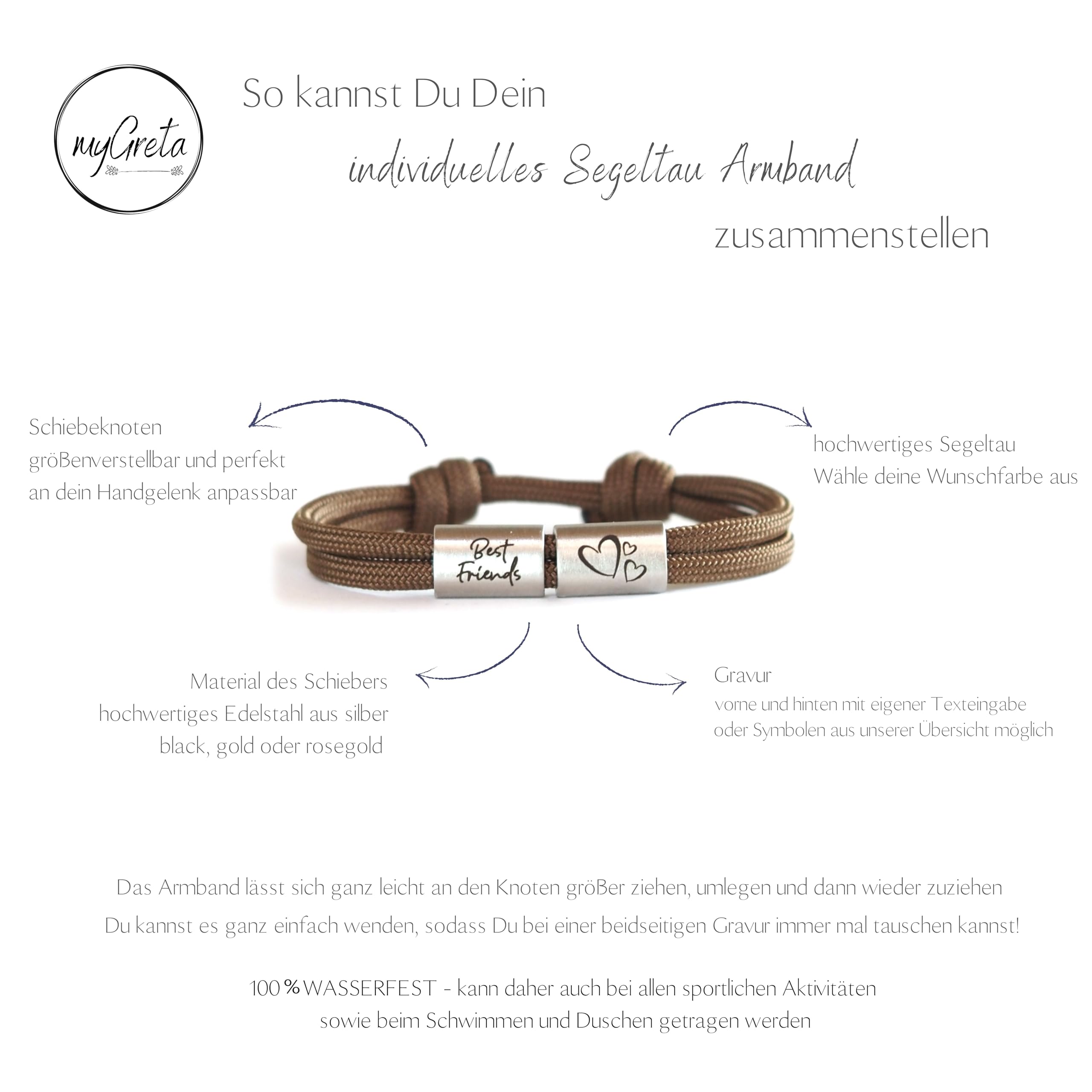 Familien Armband personalisiert mit Gravur, Wunschgravur, Segeltau Armband, Surferarmband, Edelstahl, Unisex,