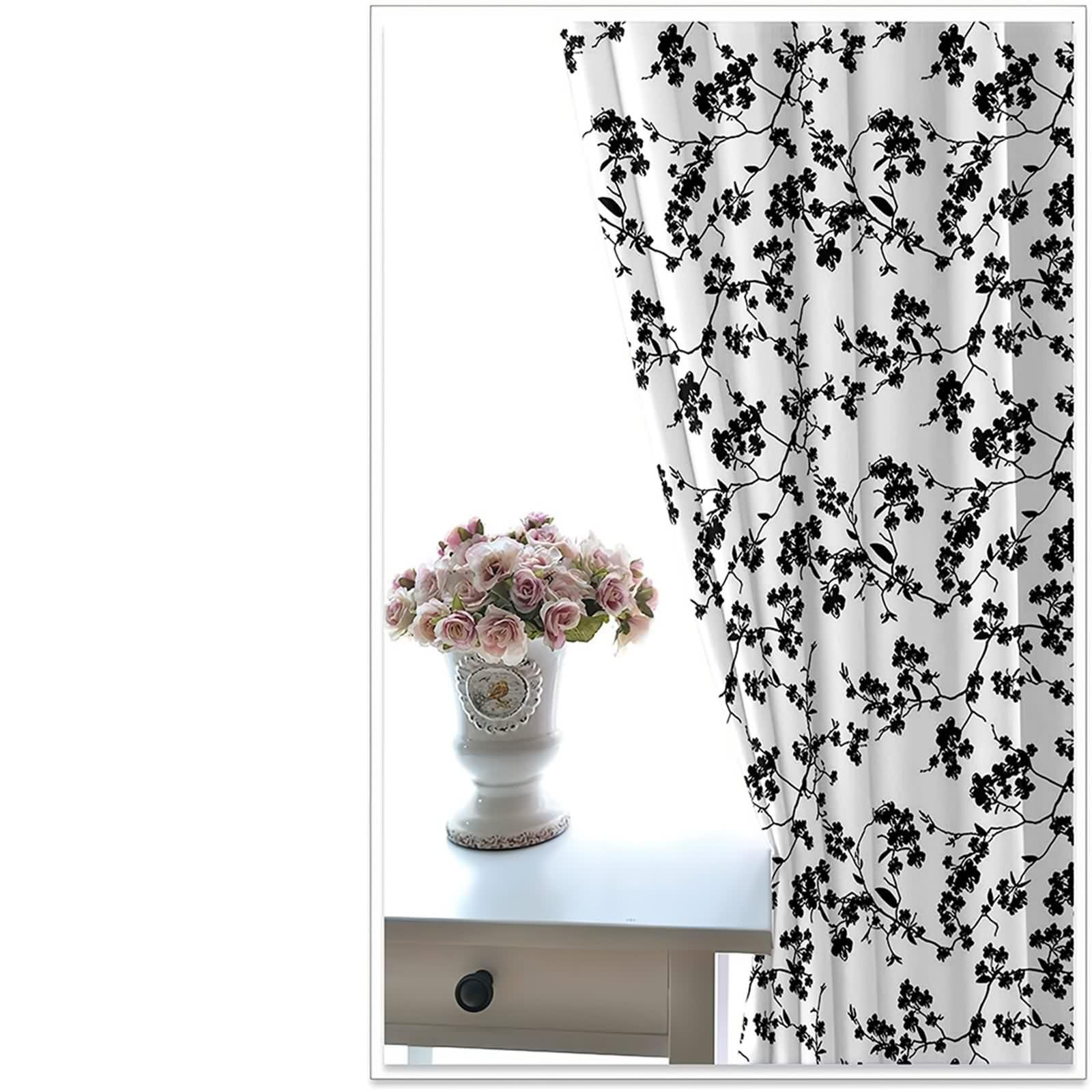 Rideau Stof Polyester, Rideau Mariage Noir Blanc Branches et Fleurs Décoration pour Fenêtre 102L x 214H CM Lot de 2