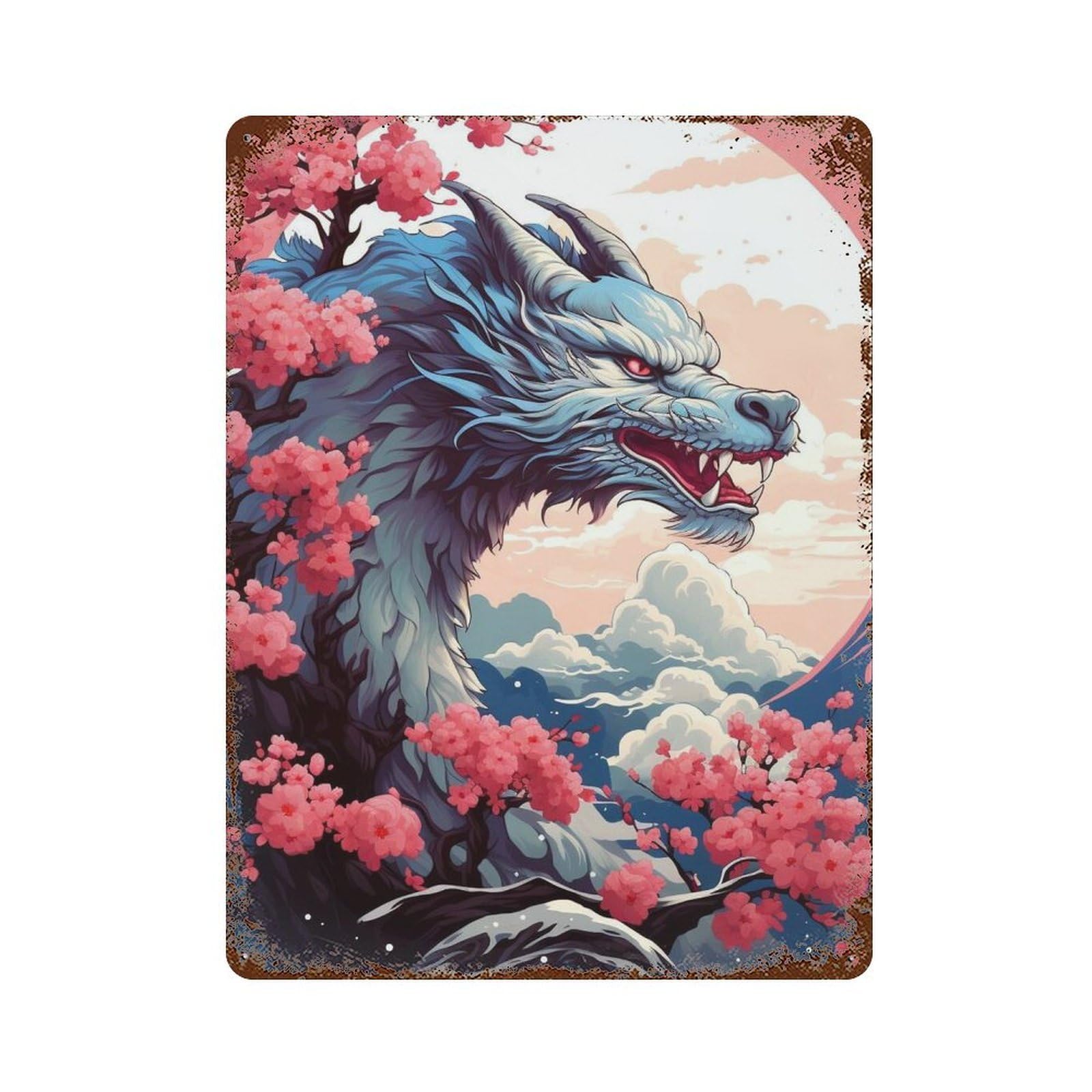 Weathered Tin Sign Dragon Cherry Blossom Fantasy Art Print 15.7"x11.8", Novelty Wall Decor for Basement, Hobby Room And Garage Decor