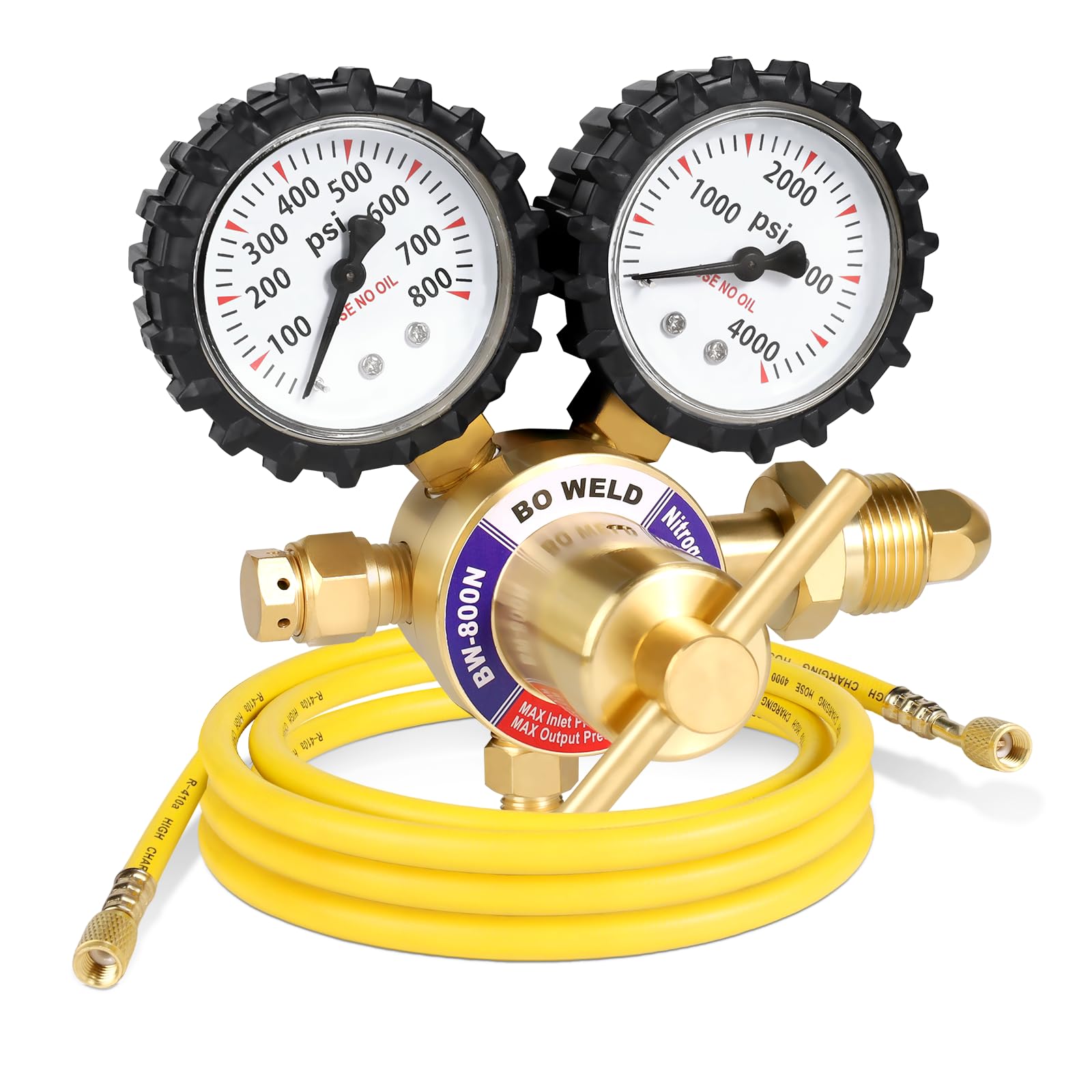 Photo 1 of BO WELD Nitrogen Regulator with 0-800 PSI, CGA580 Inlet Connection and 1/4'' Male Flare Outlet Connection Gauges?Nitrogen Tank Regulator with 5Ft Refrigeration Hose