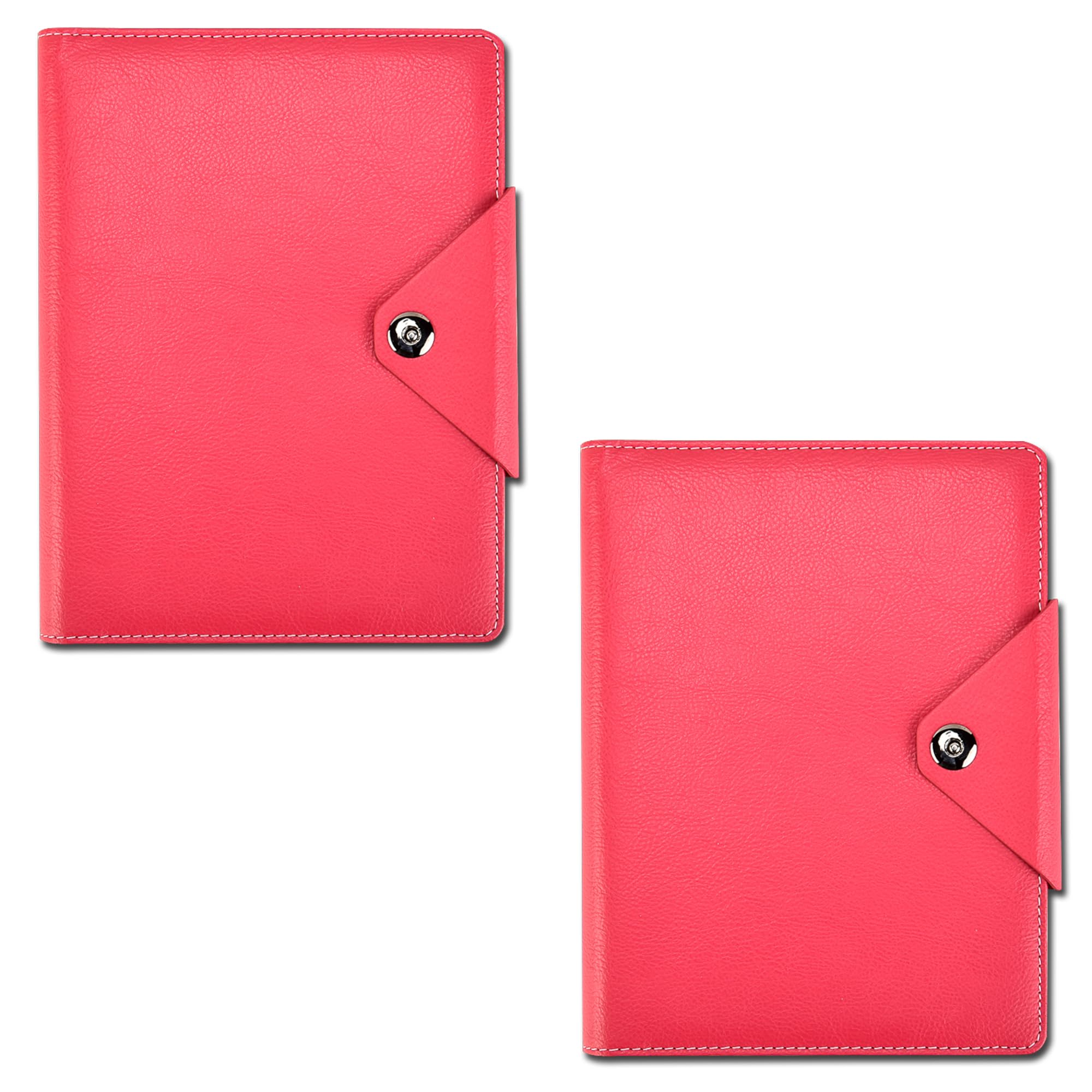 Arpan A5 Executive Personal Organiser Notebook, Ruled Pages, Padded PU Leather Cover, Stud Button Closure, Ring Binder with Card Pockets, Cream Paper (Pink - 2 Pack)