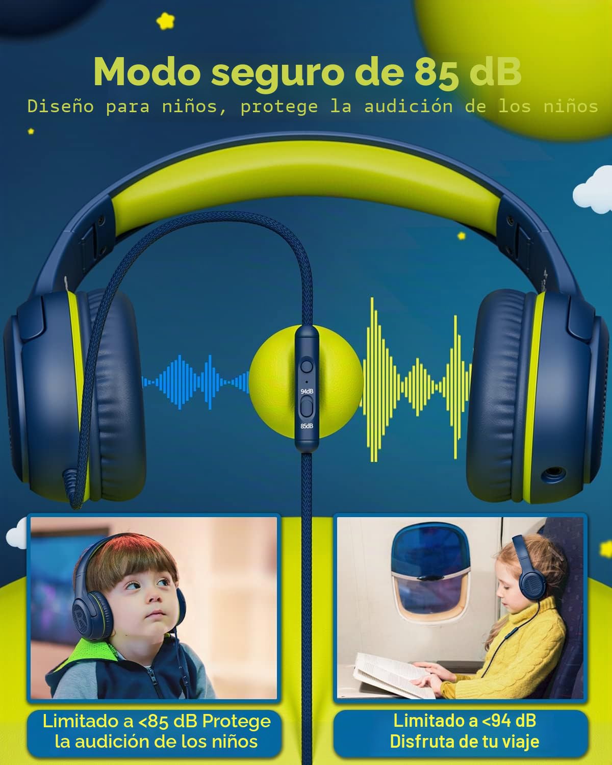 awartue Auriculares Niños con Cable Audio 3.5mm, Volumen Limitado 85/94dB, Diadema Ajustable Almohadillas Suaves, Cascos Infantiles para Clases Online/Viajes/Estudi, Azul y Verdoso