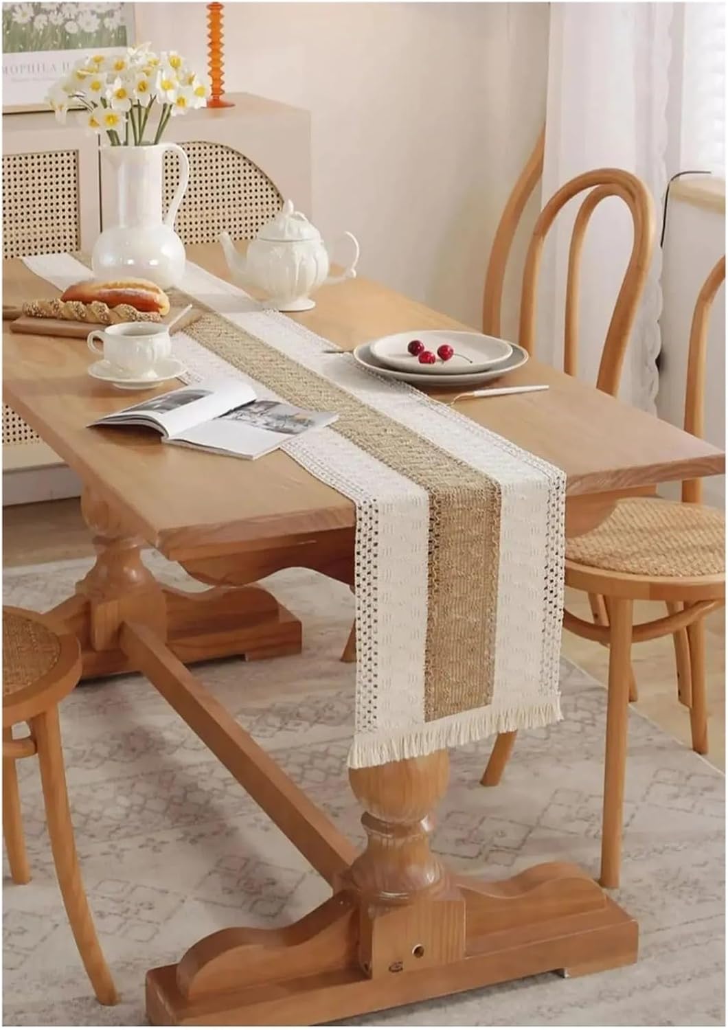 Burlap Table Runners Table Runner, Natural Burlap Boho Table Runner Modern Farmhouse Decor Rustic Woven Cotton Crochet Lace for Tabletop Decoration(30*160CM)