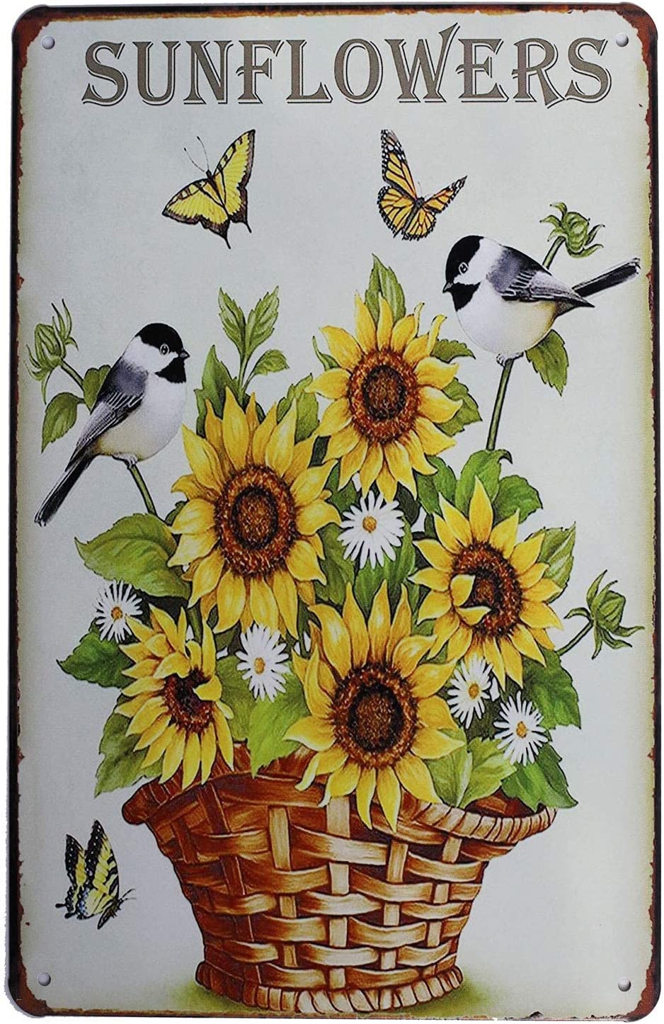 Haosensix Sunflowers Custom Metal Tin Sign Flowers and Birds Retro Poster Plaque for Room Bedroom Home Wall Poster Painting 8x12 Inch