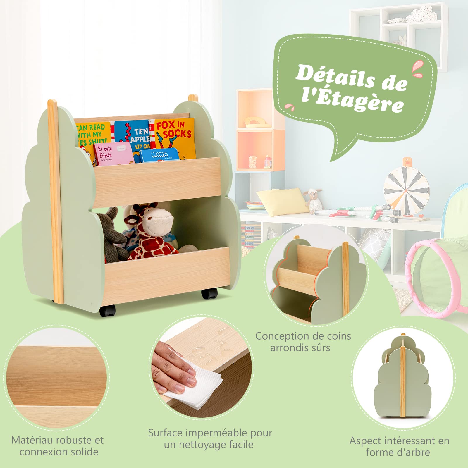 COSTWAY Bibliothèque Enfants en Bois avec Forme d‘Arbre, Étagère de Rangement Enfants avec 4 Roues Universelles, Organisateur à 2 Niveaux pour Livres Jouets, 3 Ans+