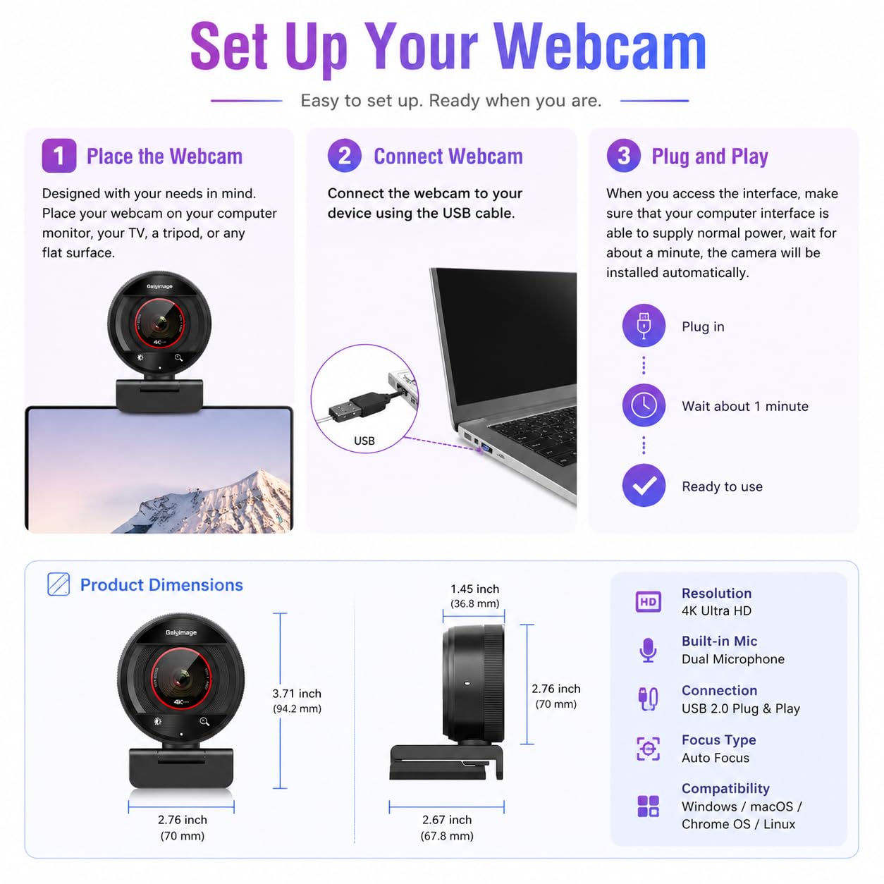 Webcam per PC 4K, messa a fuoco automatica PDAF, 1080p a 60fps, doppio microfono con cancellazione del rumore, zoom digitale 8X FOV 73°, copertura della privacy, telecamera Web plug&play per