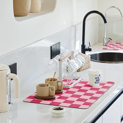 Miniatura 10 de Tapete de secado de platos a cuadros para encimera de cocina, accesorios de estación de cafetería, estética, retro, moderna, absorbente, tapete