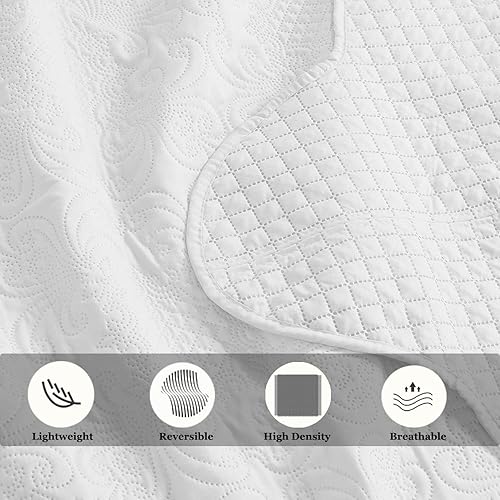 Miniatura 5 de BOREA - Juego de ropa de cama tamaño King de 3 piezas de gran tamaño ultrasónico blanco  Colcha de verano ligera de microfibra ultrasónica  Colcha