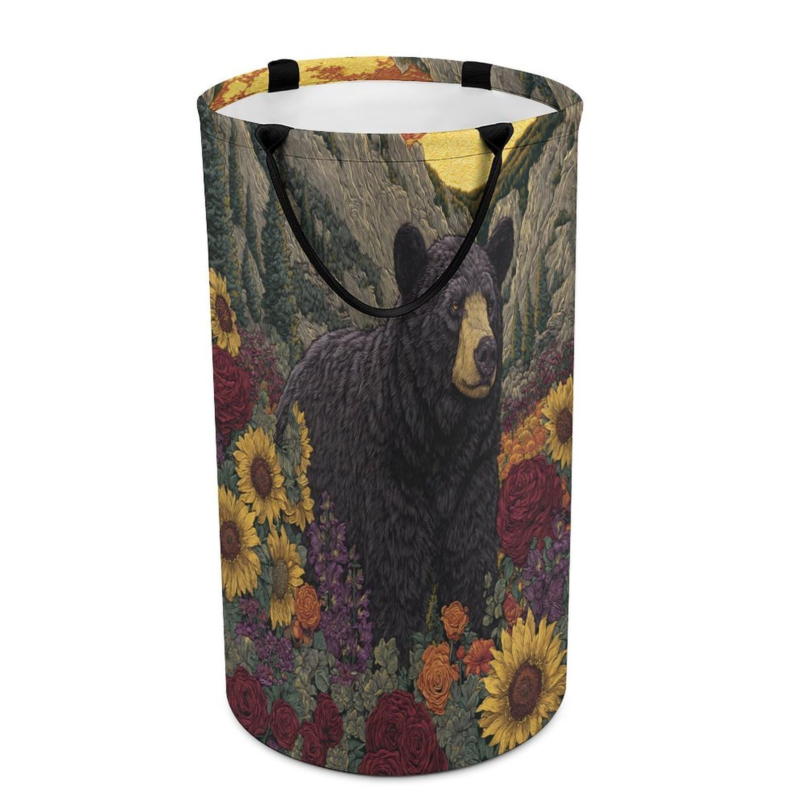LUYYSKY Beautiful Rustic Black Bear Collapsible Dirty Clothes Basket, Retro Watercolor Sunset Sunflowers Flowers Animal Bears Portable Clothes Storage Basket