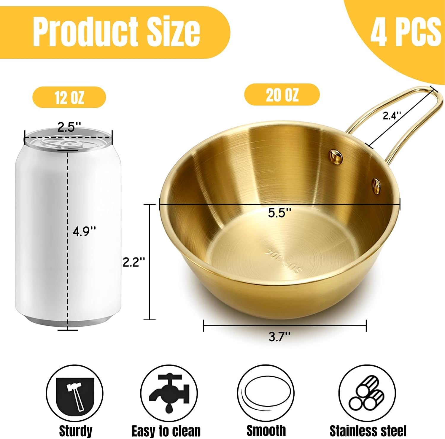 4 Pack 20 Oz Makgeolli Bowls with Handle, Stainless Steel