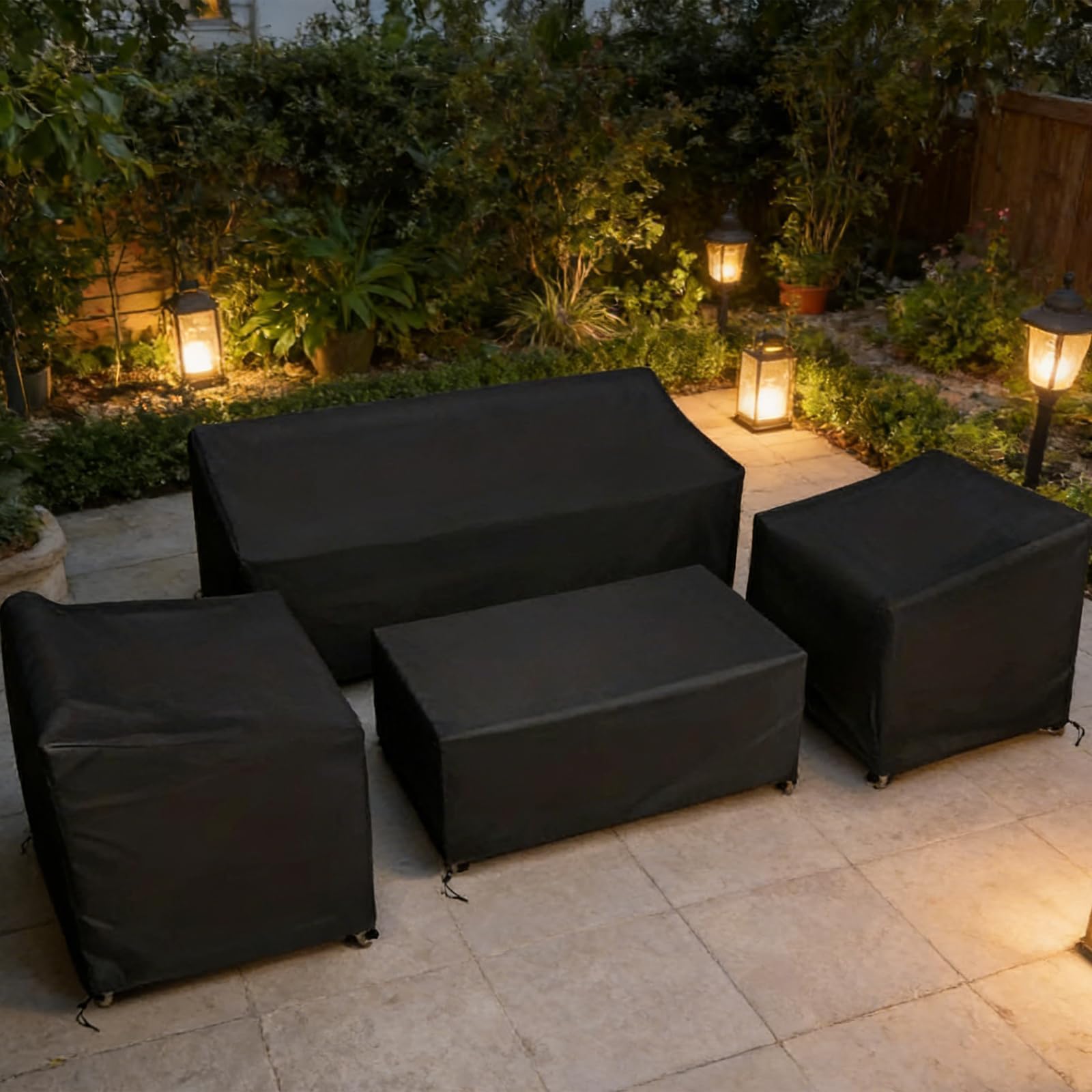 Lot de 4 Housses de Meubles de Jardin en Tissu Oxford Imperméable pour Table et Chaises en Rotin, Protection Contre la Pluie, la Neige et la Poussière (noir 200D)