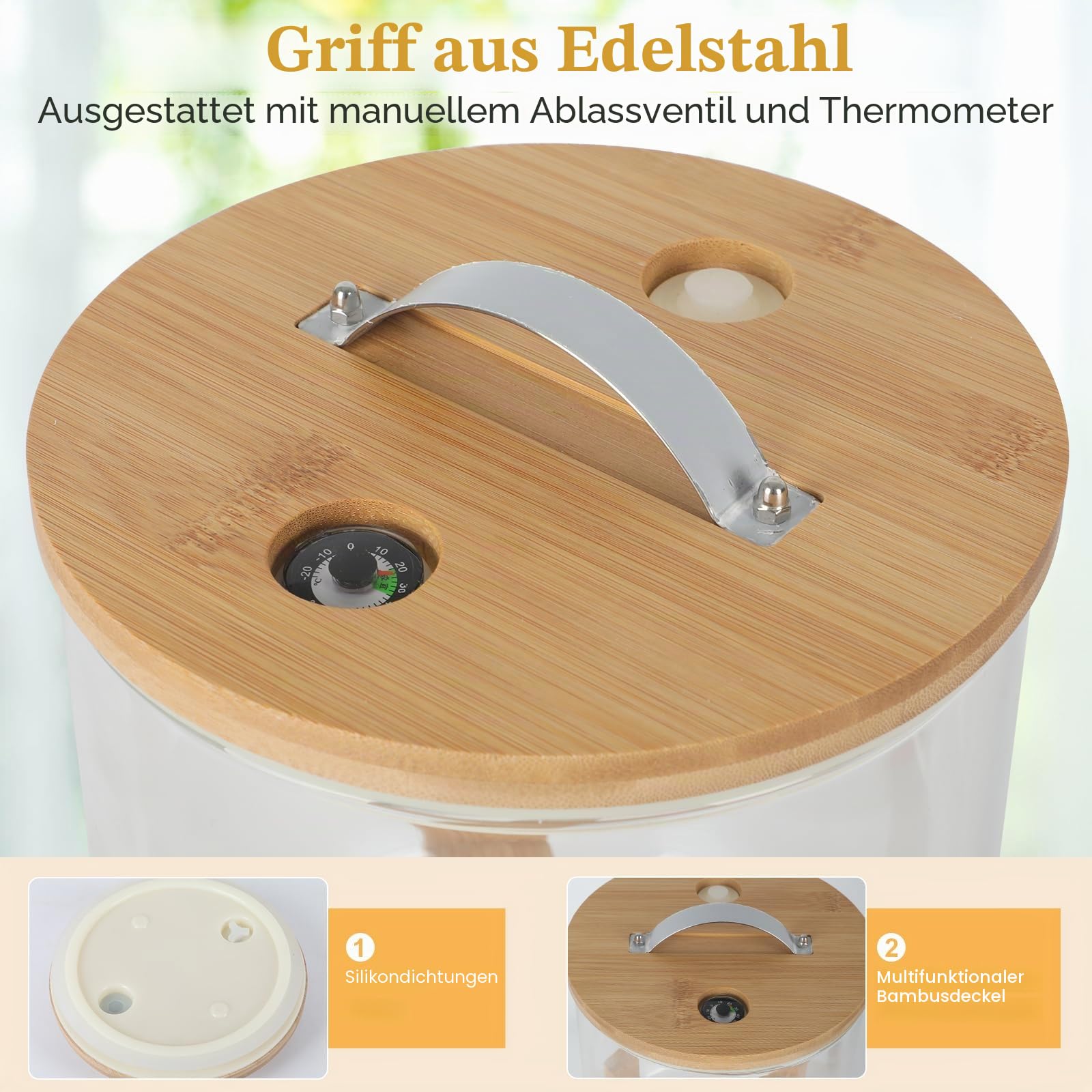 Getränkespender aus Glas,5L Glas Wasserspender mit Stand aus Bambus Holz,Spender aus hitzebeständigem Borosilikatglas mit Zapfhahn,Edelstahl-Auslauf und Deckel,für Wein,Bier, Kaltgetränk,Saft,EIS-Tee