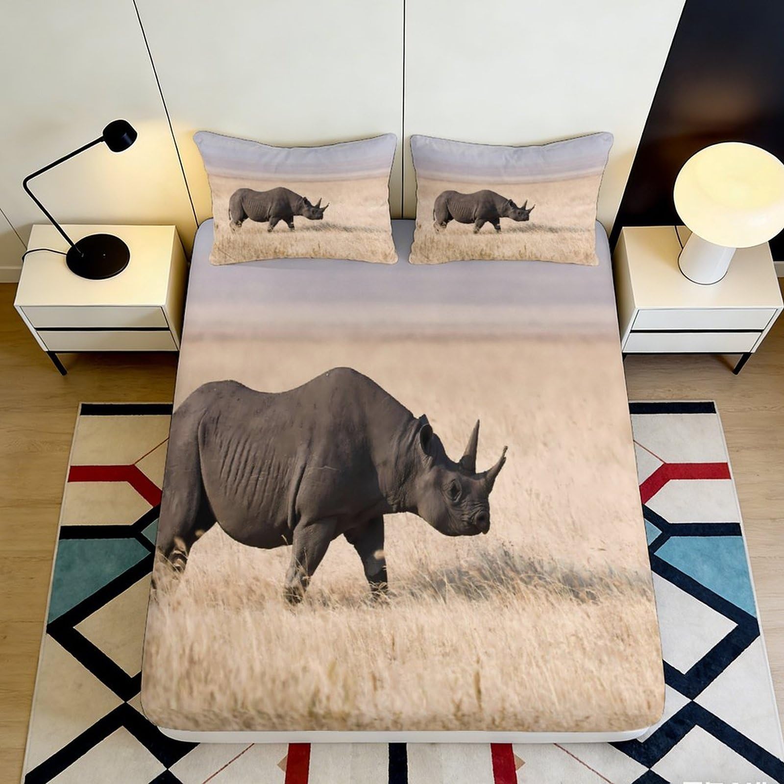 3D Printed Rhino Fitted Sheet Microfiber Soft Breathable Wildlife Bed Cover for Bedroom Dormitory Guest Room Mattress Protection Decor 180x200x25cm
