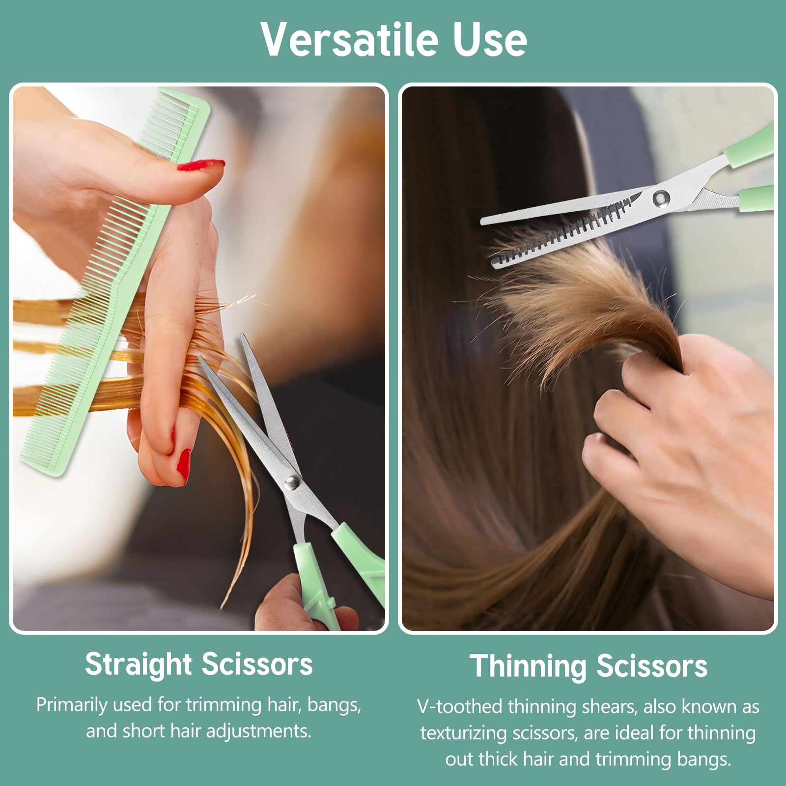 Tijeras de corte de cabello, juego de 2 tijeras profesionales de acero inoxidable de 6 pulgadas con cuchillas afiladas y 1 peine para hombres, mujeres, niños y mascotas, color verde 4