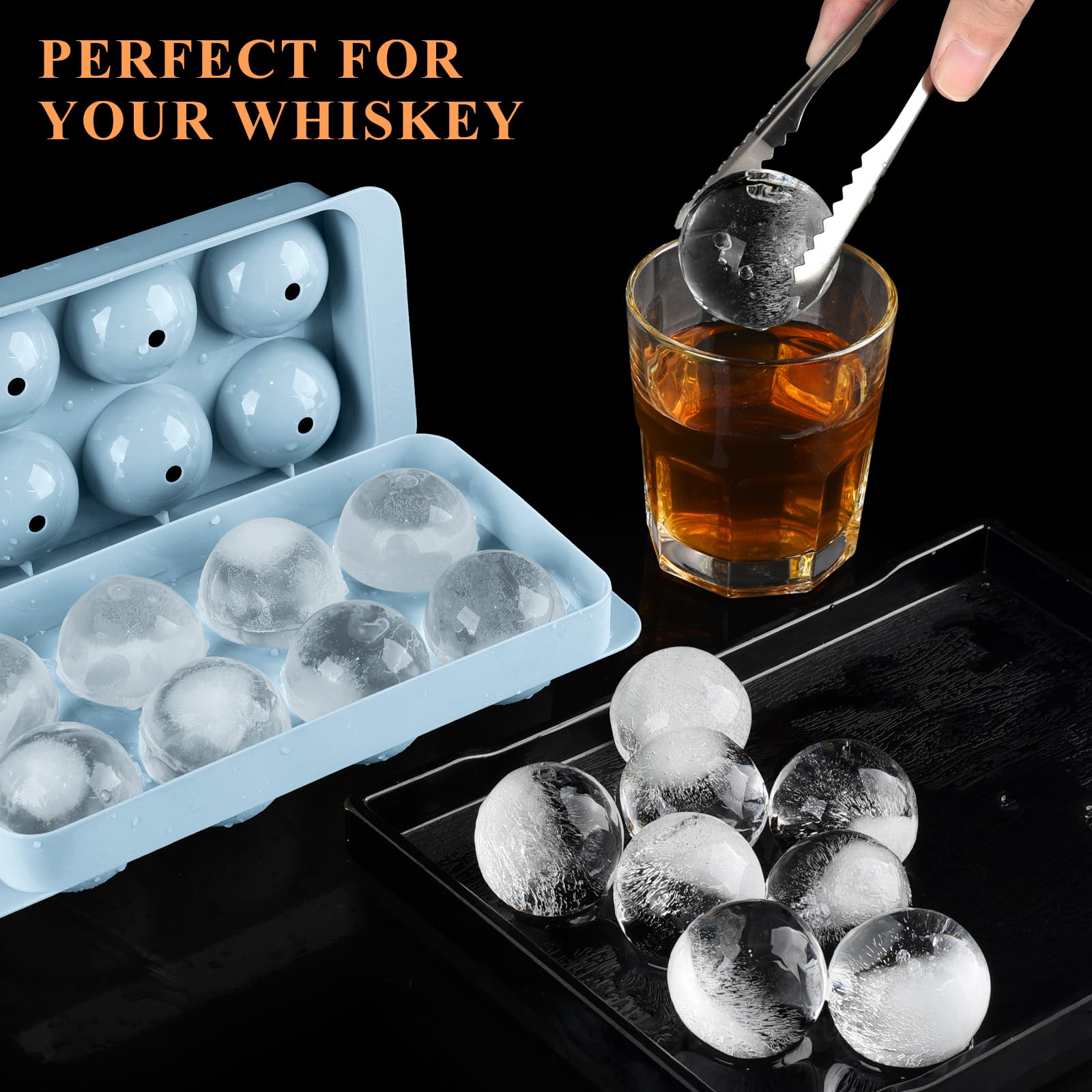 Molde redondo para cubitos de hielo, 8 cubitos de hielo de whisky de 1.8 pulgadas, bandeja circular para cubitos de hielo con tapa, molde grande para hacer bolas de hielo, moldes grandes para