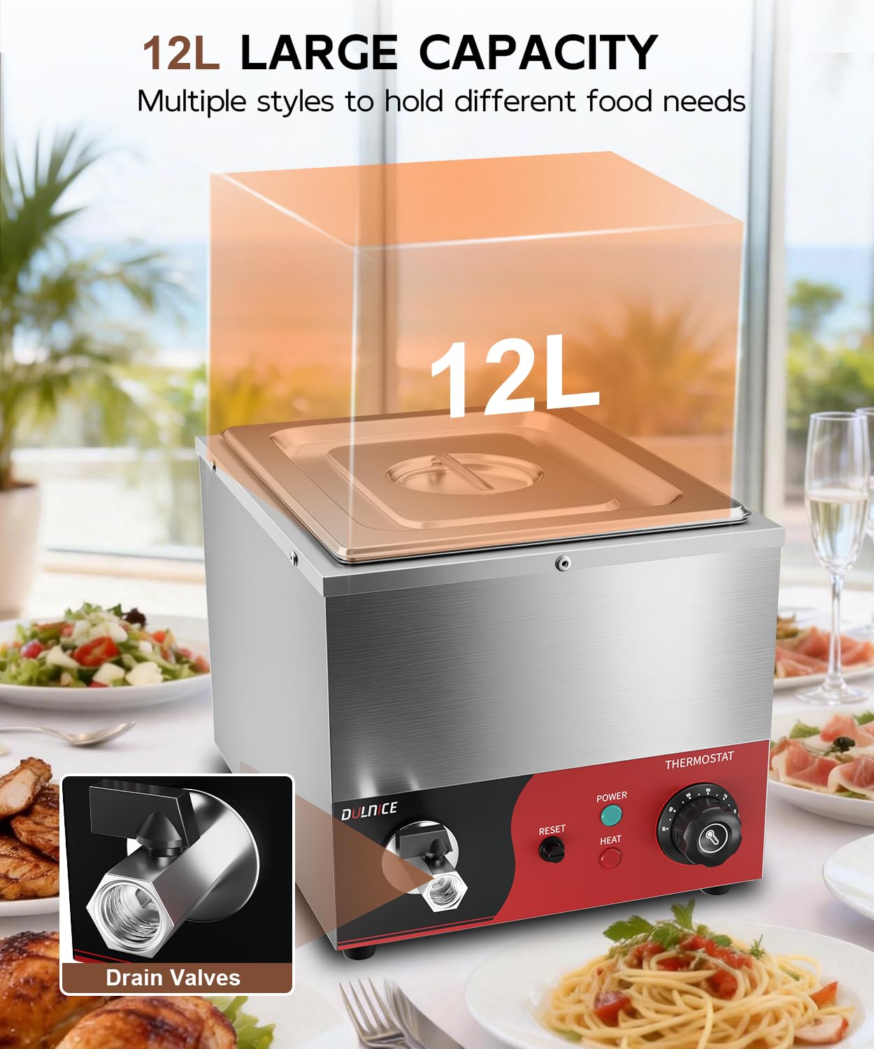 Bain Marie - Calentador eléctrico GN 1/2 con reinicio, 600 W, acero inoxidable, con grifo de desagüe, para fiestas, catering y restaurantes, 30-85 °C