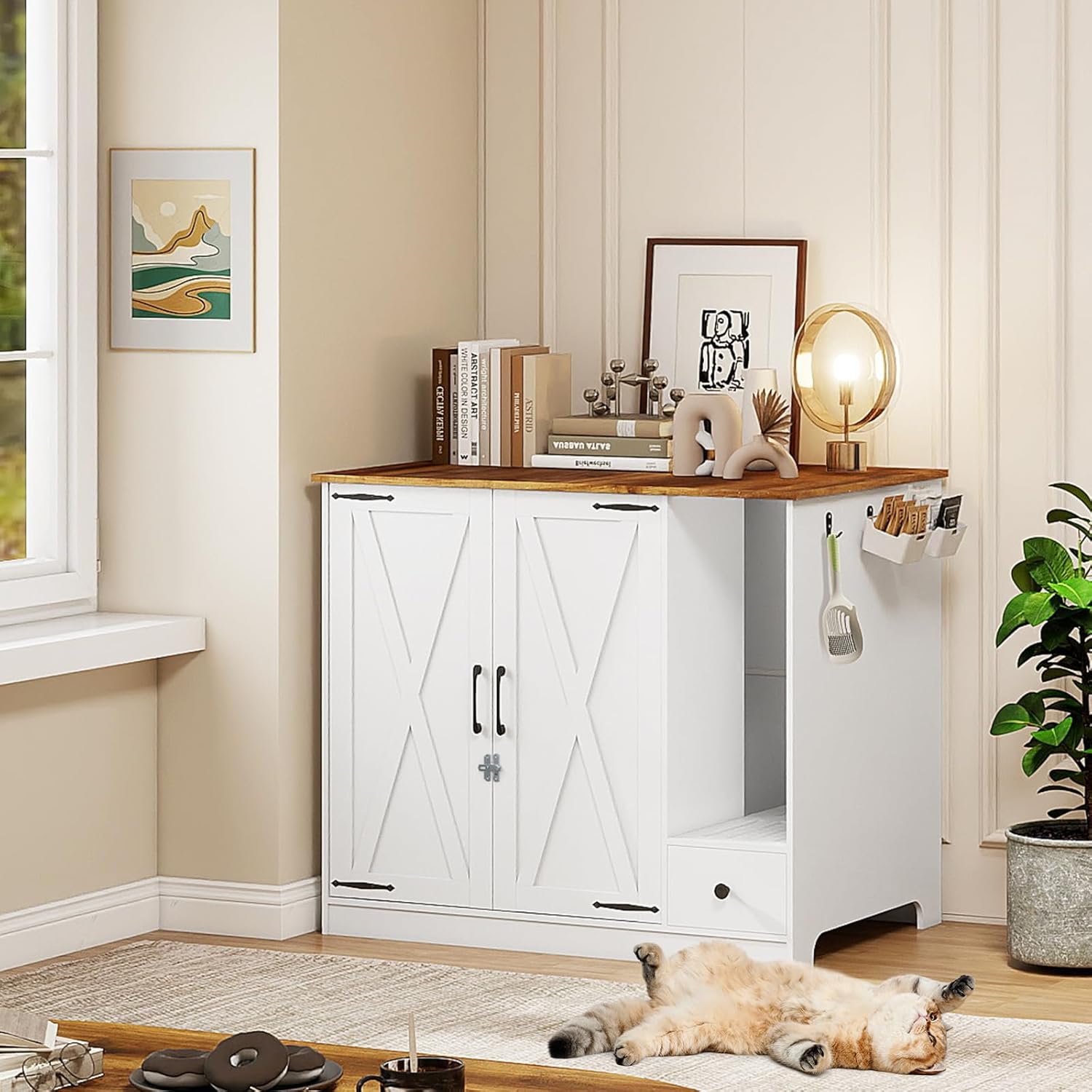 YUSING Large/Tall Cat Litter Enclosure, Litter Box Furniture Hidden, Cat Litter Box Enclosure Cabinet Large with Double Doors and Pull-Out Drawer for Self-Cleaning Litter Boxes