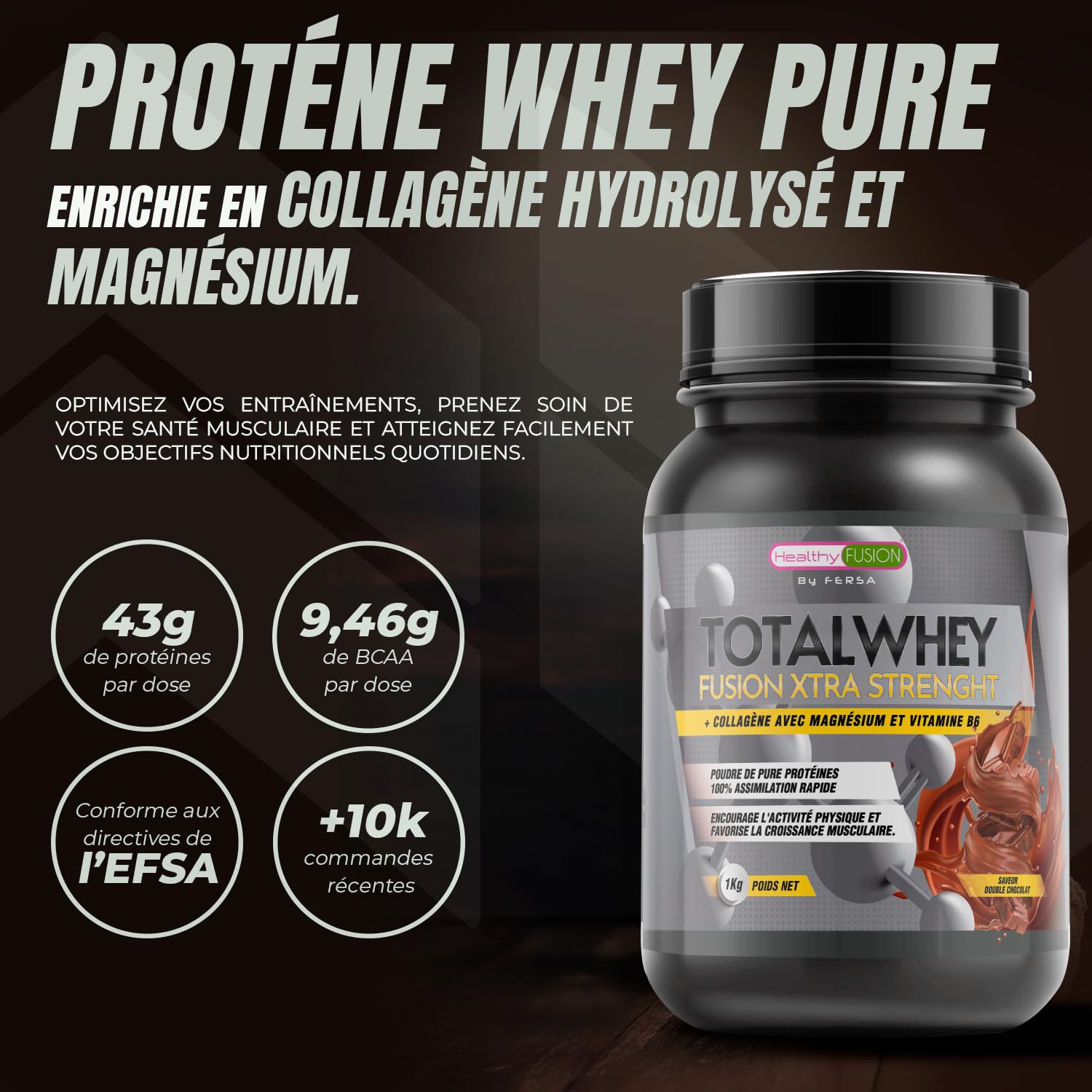 Healthy Fusion Whey Protein | 43 g/dose Protéine Pure | Collagène, Magnésium et Vitamine B6 | Augmente la masse musculaire, améliore l’entraînement, renforce les articulations | Double Chocolat 1kg