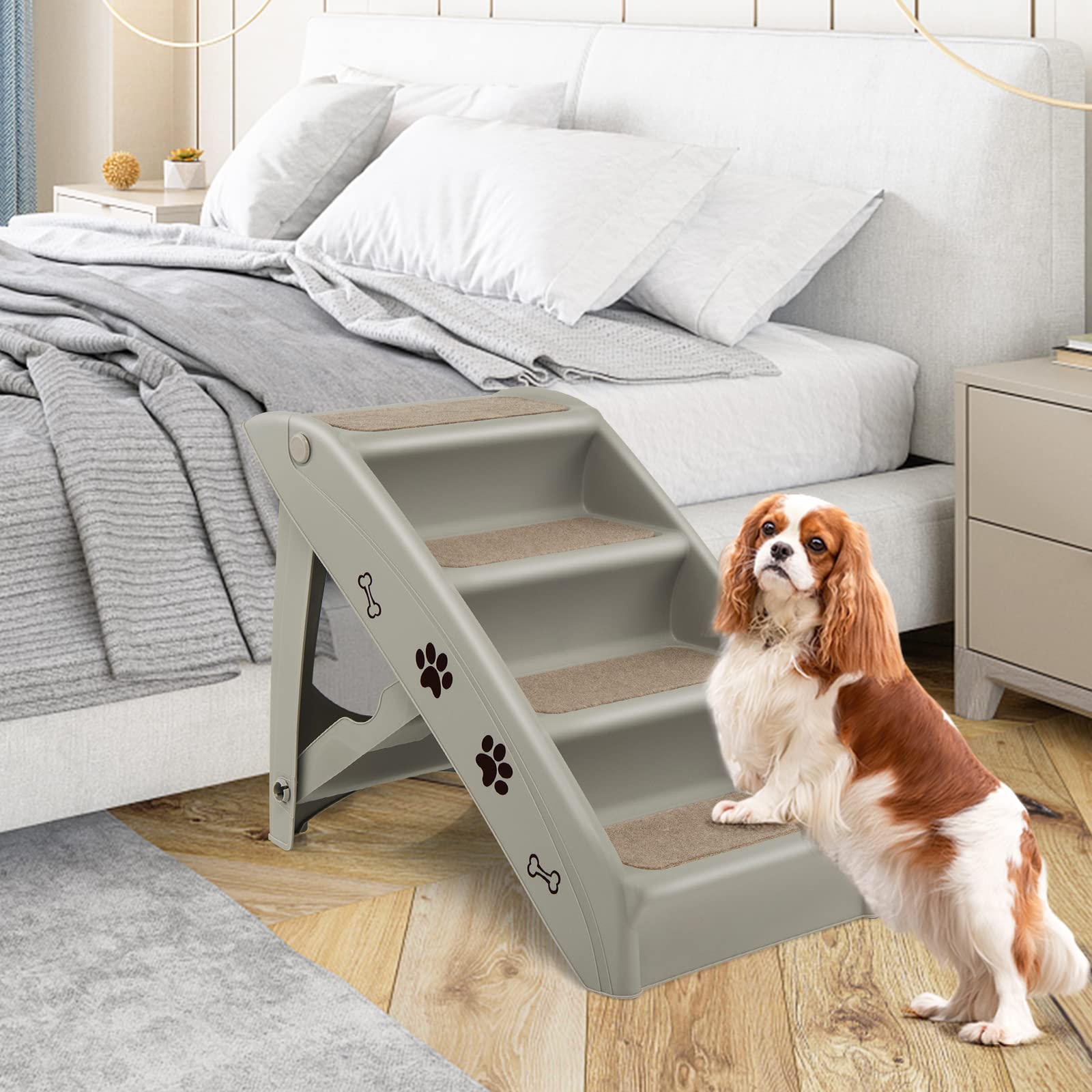 GYMAX Scaletta Pieghevole per Animali Domestici, Scaletta a 4 Gradini per Gatti e Cani in Plastica con Rivestimento Antiscivolo, Facile da Salire e Scendere, Carico di 60 kg, 62 x 38 x 50 cm (Beige)