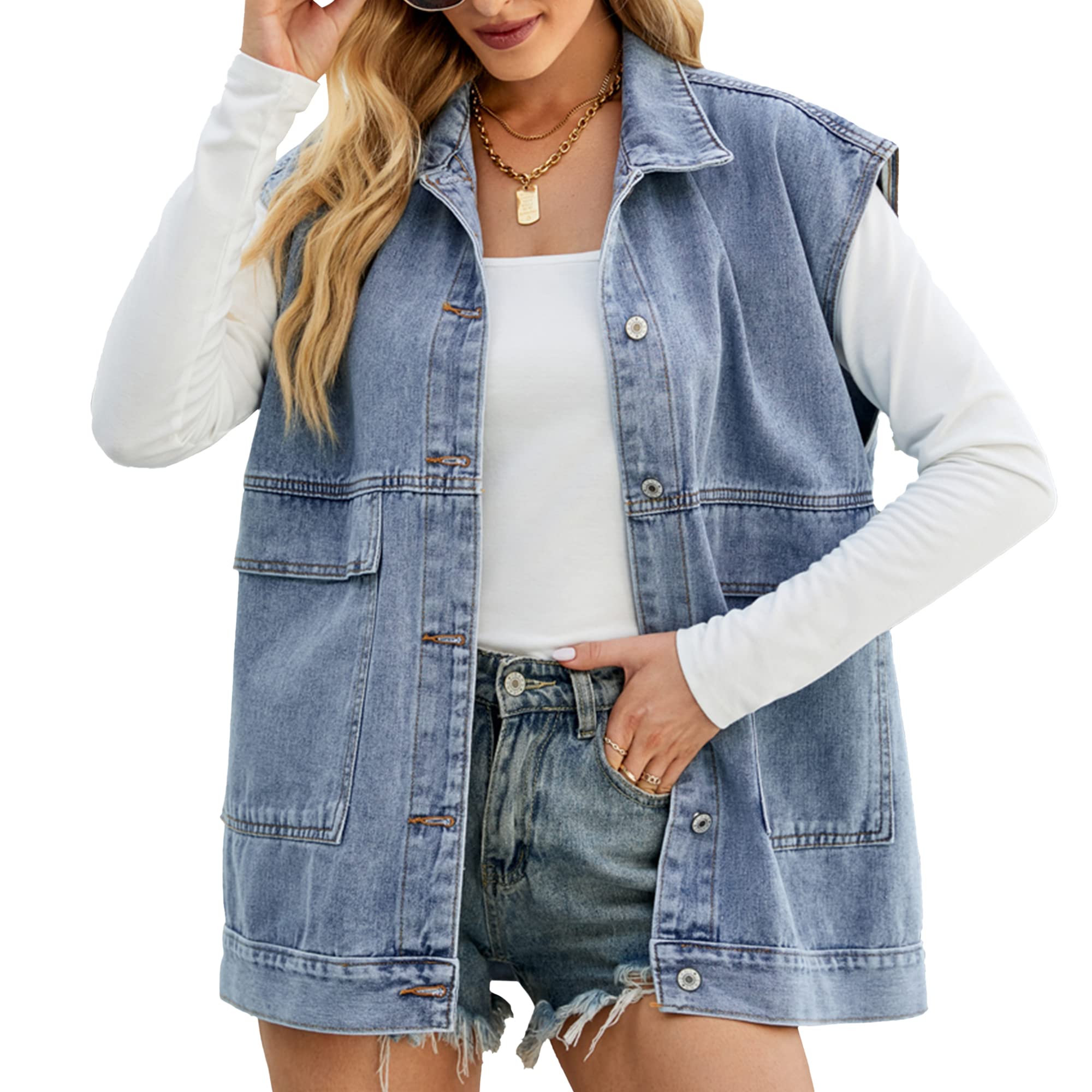 Hixiaohe Gilet in denim da donna, senza maniche, con bottoni, stile casual, con risvolto e cappuccio rimovibile