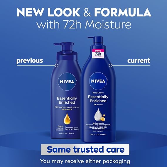 لوشن الجسم NIVEA Essentially Enriched للبشرة الجافة جدًا بحمض الهيالورونيك وزيت اللوز ومصل مغذي عميق، مرطب للجسم لمدة 72 ساعة، زجاجة مضخة سعة 16.9 أونصة سائلة