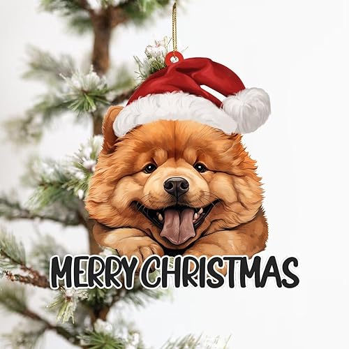 Miniatura 8 de Chow Chow - Adornos para perro, hijo o hija, árbol de Navidad, regalos colgantes para perro en sombrero de Papá Noel, adorno 2D, recuerdo para árbol
