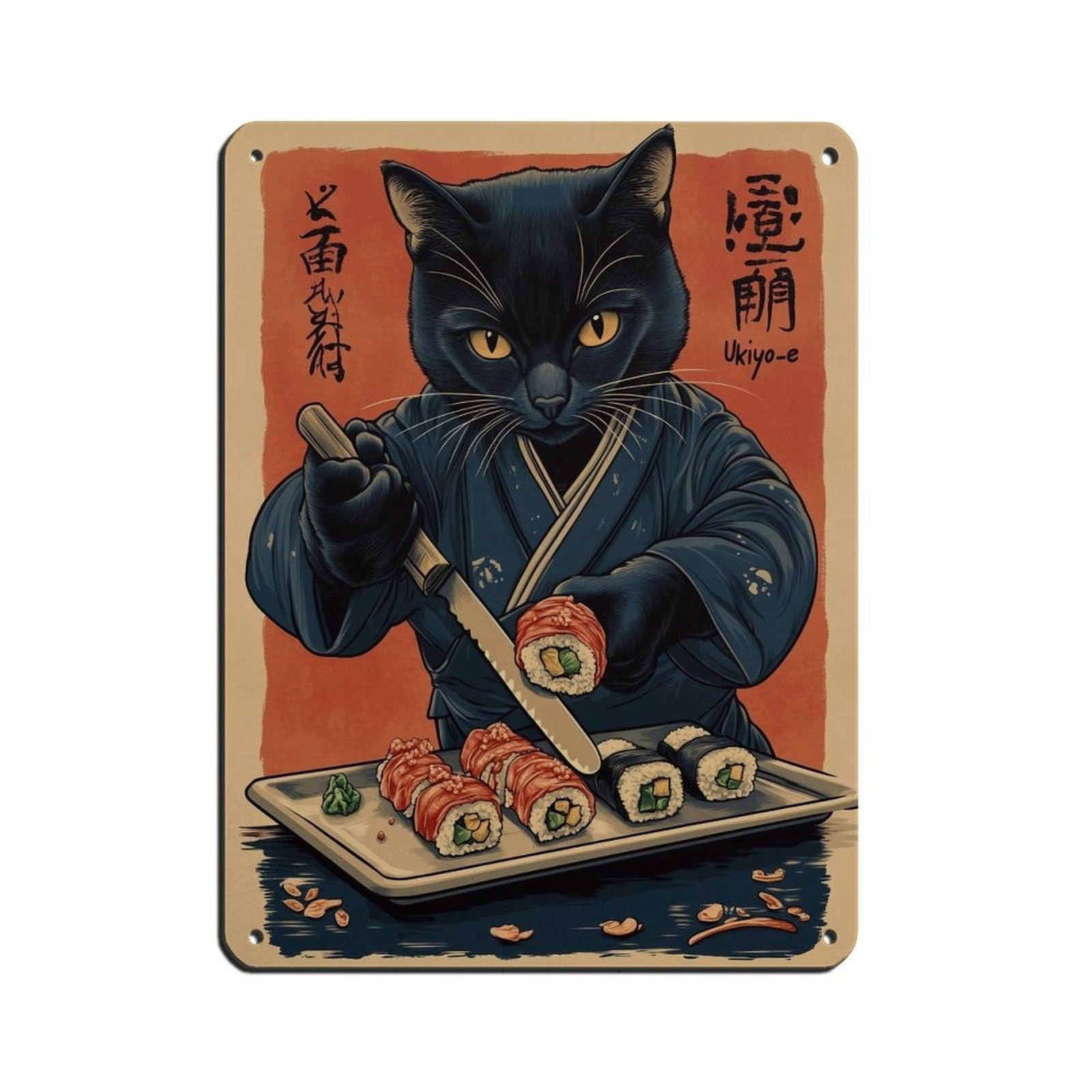 Lxwnze 30L X 40W Cm Cat Sushi Chef Art Poster, Retro Poster Metal Tin Sign Chic Art Retro Iron Painting Bar People Cave Cafe Family Garage Poster Wall Decoration 12X16inch(30X40cm)